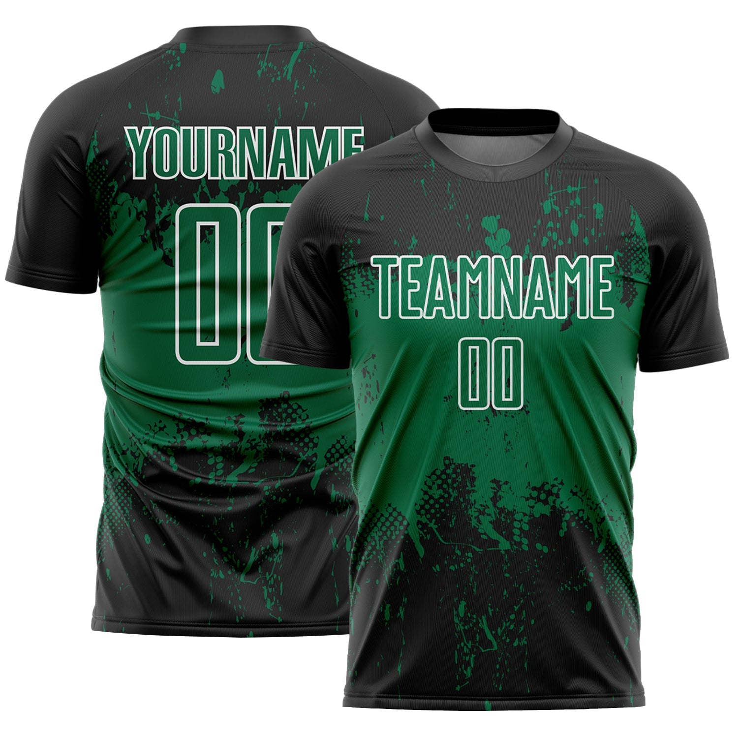 Custom Black Kelly Green-White Abstract Splatter Grunge Art Sports Sublimation Soccer Uniform Jersey - Main View