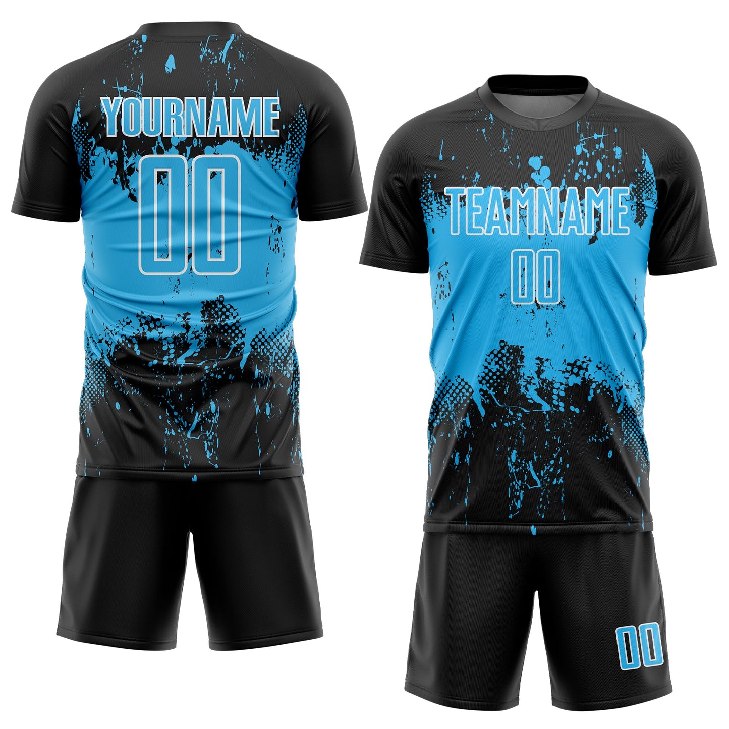 Custom Black Sky Blue-White Abstract Splatter Grunge Art Sports Sublimation Soccer Uniform Jersey view 2