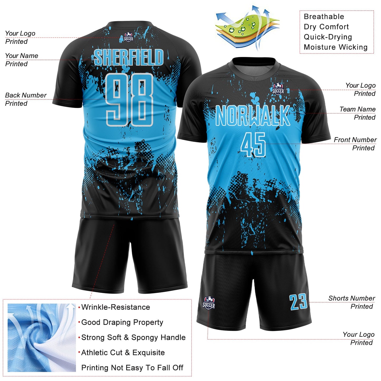 Custom Black Sky Blue-White Abstract Splatter Grunge Art Sports Sublimation Soccer Uniform Jersey view 4