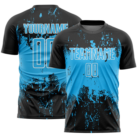 Custom Black Sky Blue-White Abstract Splatter Grunge Art Sports Sublimation Soccer Uniform Jersey - Main View