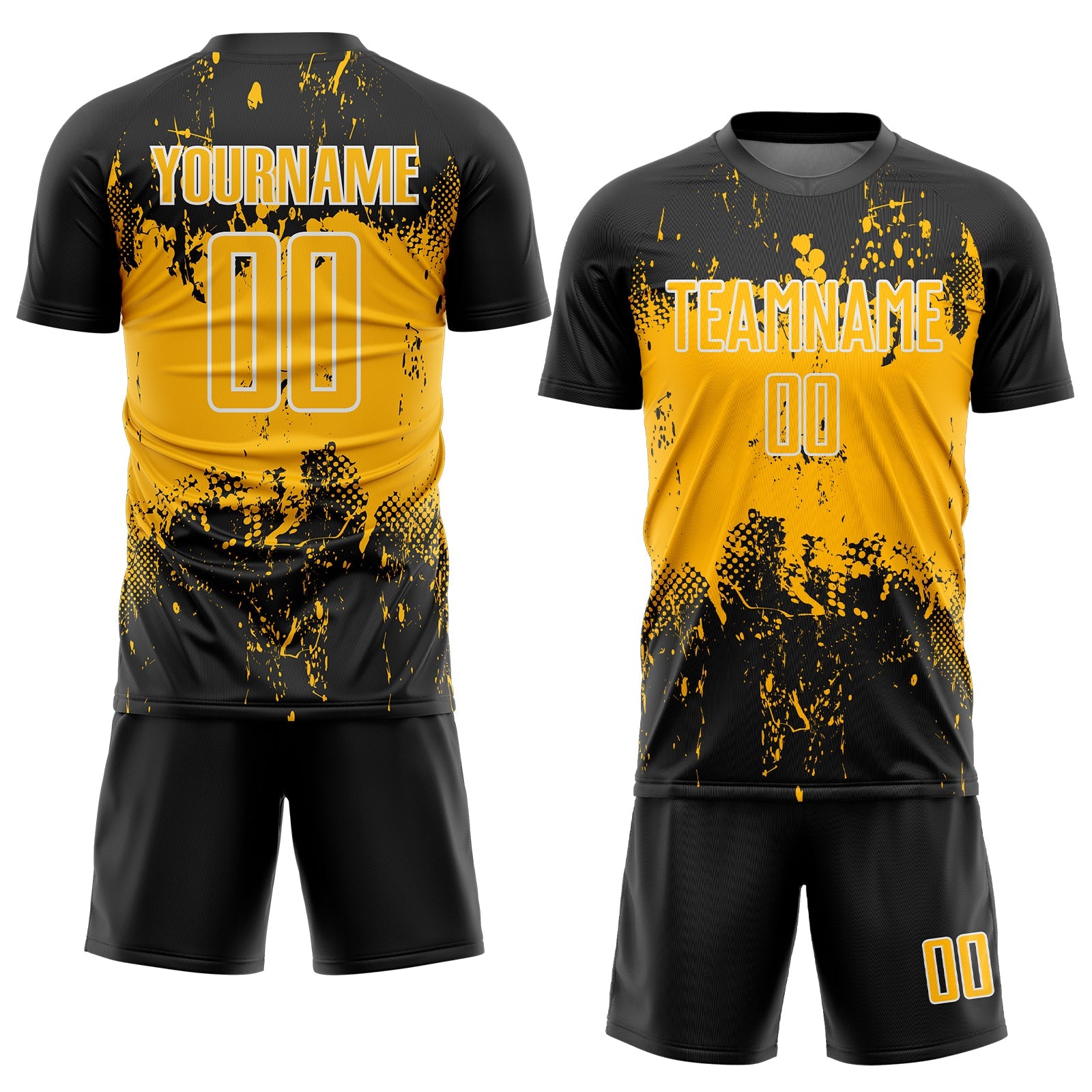 Custom Black Gold-White Abstract Splatter Grunge Art Sports Sublimation Soccer Uniform Jersey view 2
