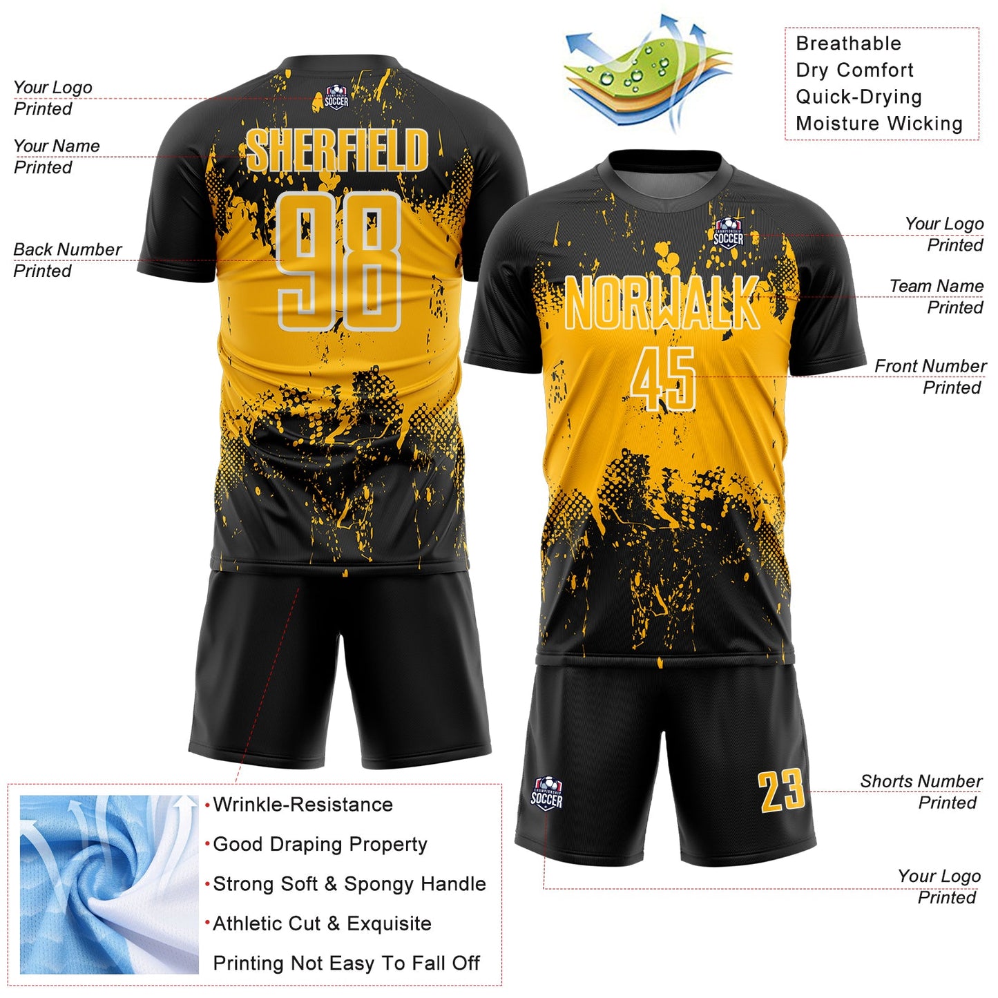 Custom Black Gold-White Abstract Splatter Grunge Art Sports Sublimation Soccer Uniform Jersey view 4