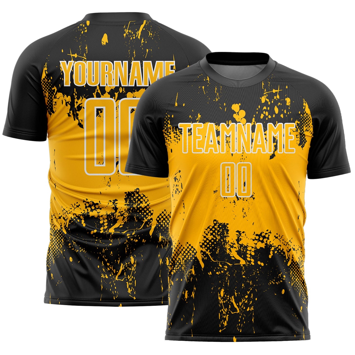 Custom Black Gold-White Abstract Splatter Grunge Art Sports Sublimation Soccer Uniform Jersey - Main View