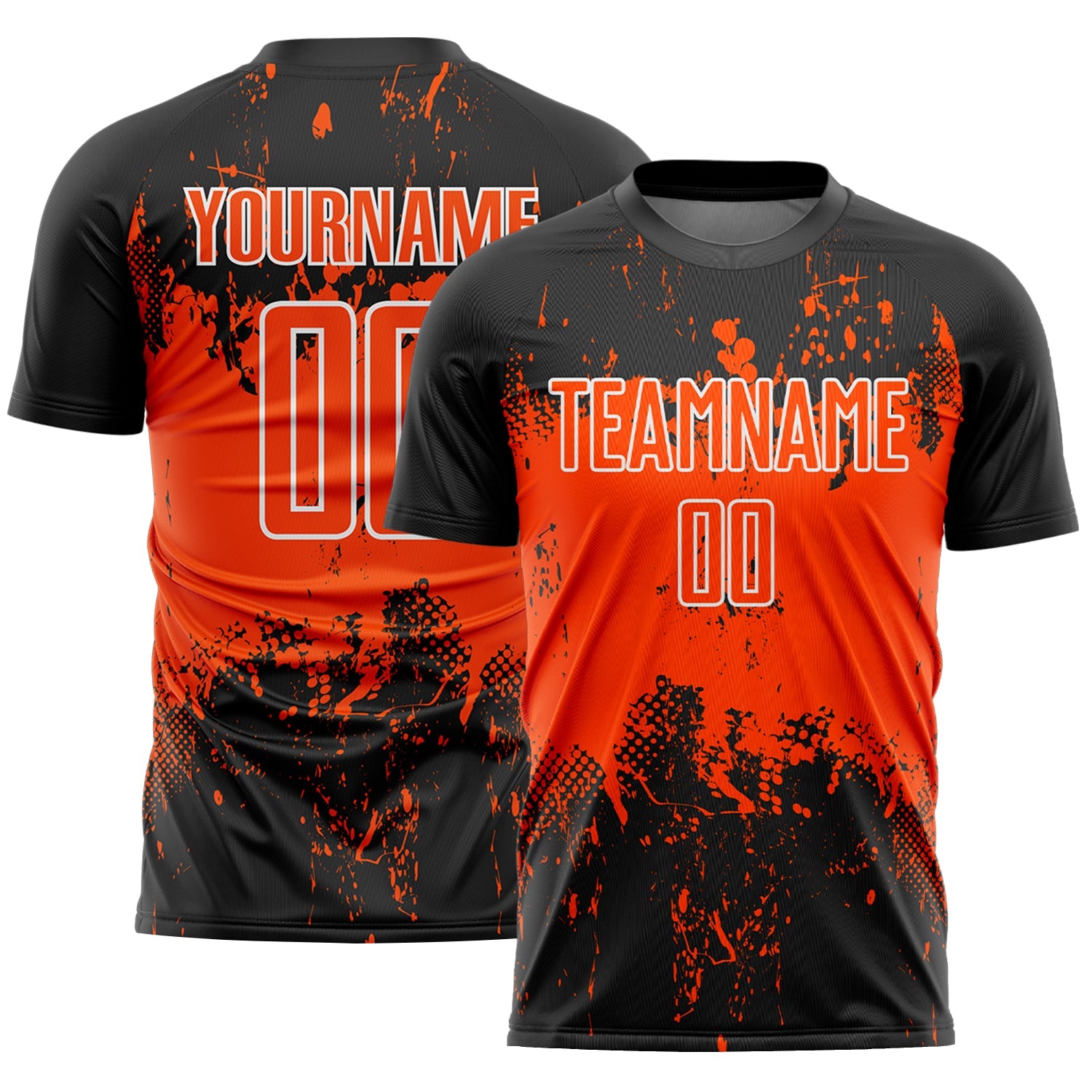 Custom Black Orange-White Abstract Splatter Grunge Art Sports Sublimation Soccer Uniform Jersey - Main View