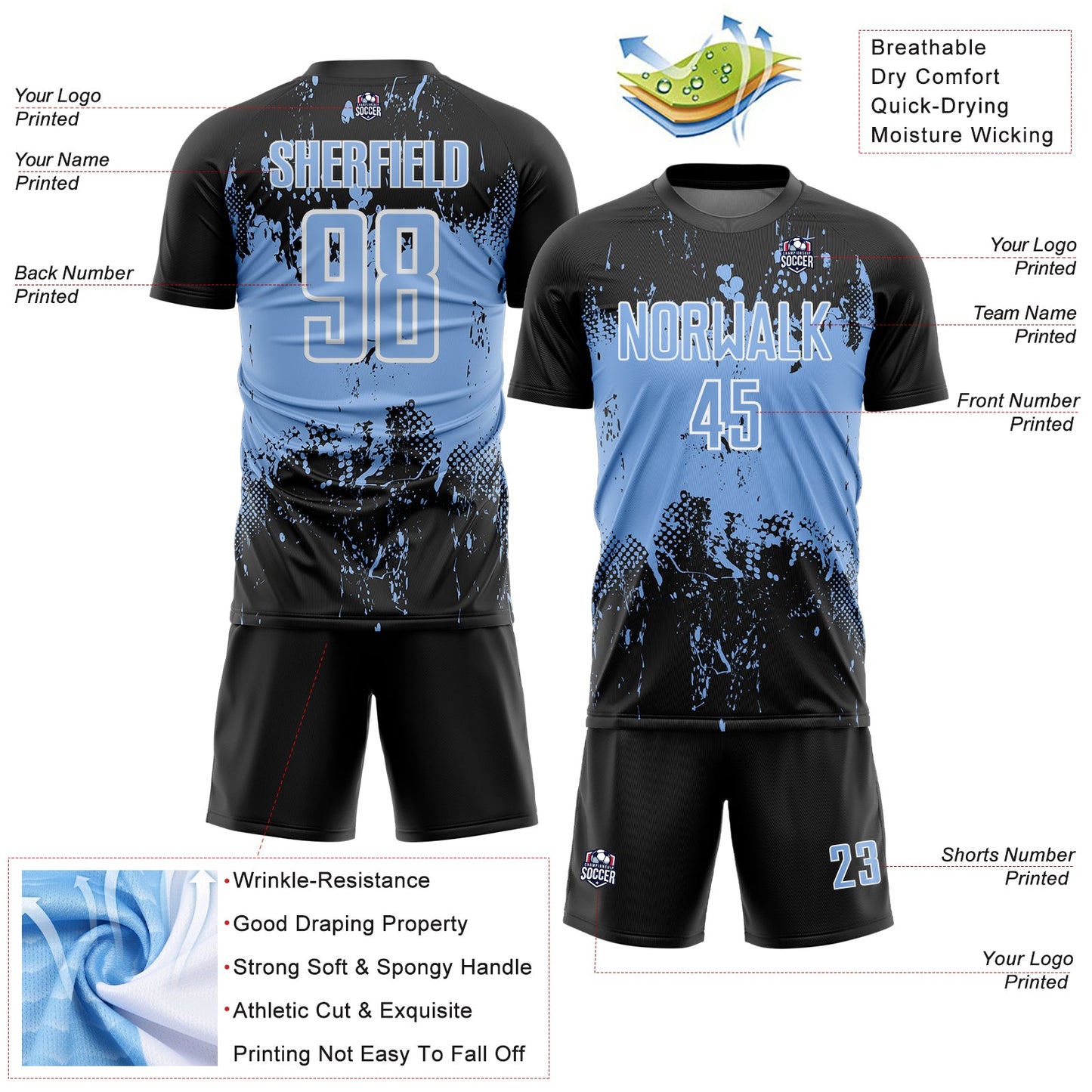 Custom Black Light Blue-White Abstract Splatter Grunge Art Sports Sublimation Soccer Uniform Jersey view 4