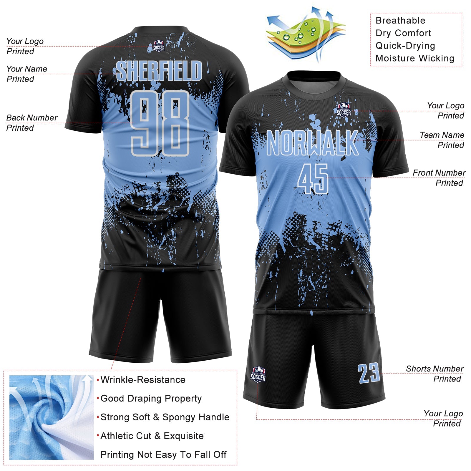 Custom Black Light Blue-White Abstract Splatter Grunge Art Sports Sublimation Soccer Uniform Jersey view 4