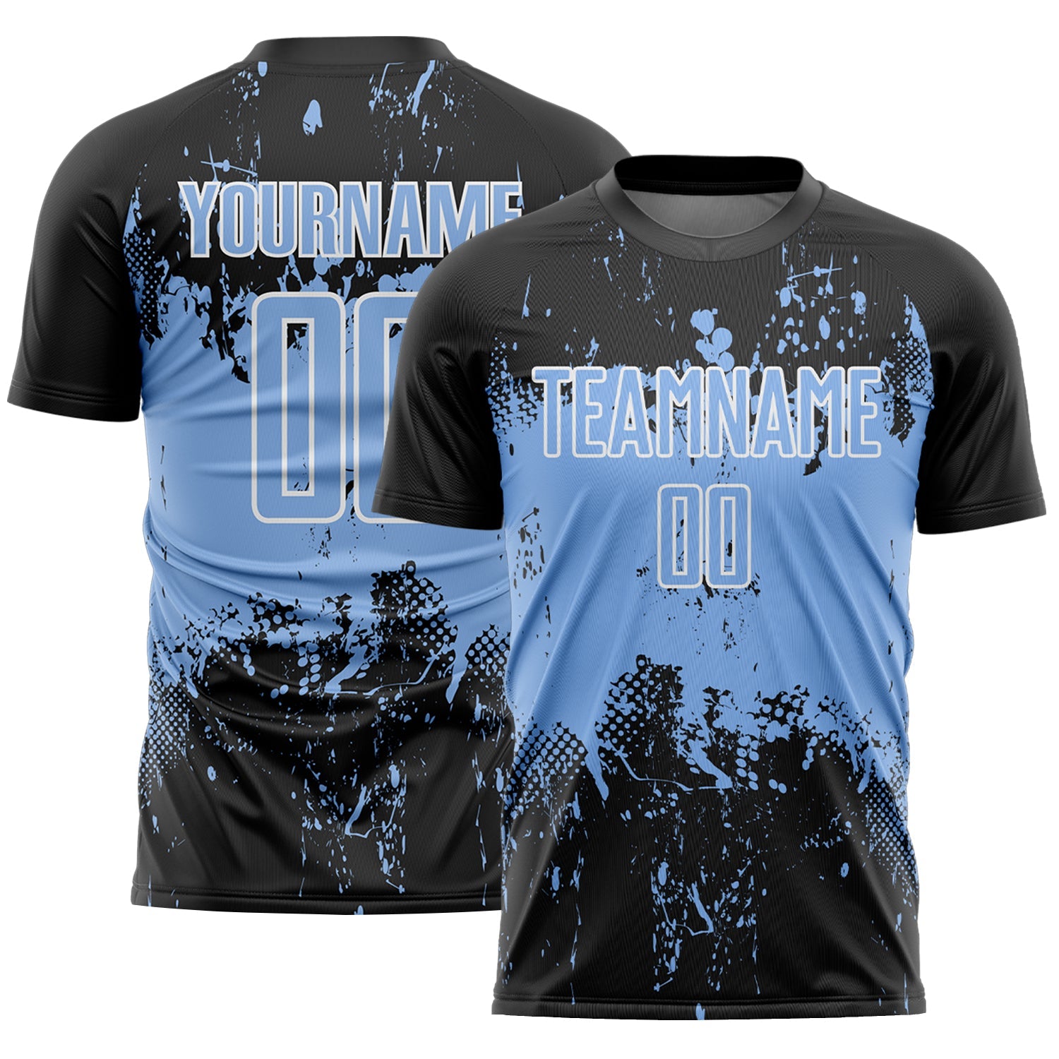 Custom Black Light Blue-White Abstract Splatter Grunge Art Sports Sublimation Soccer Uniform Jersey - Main View