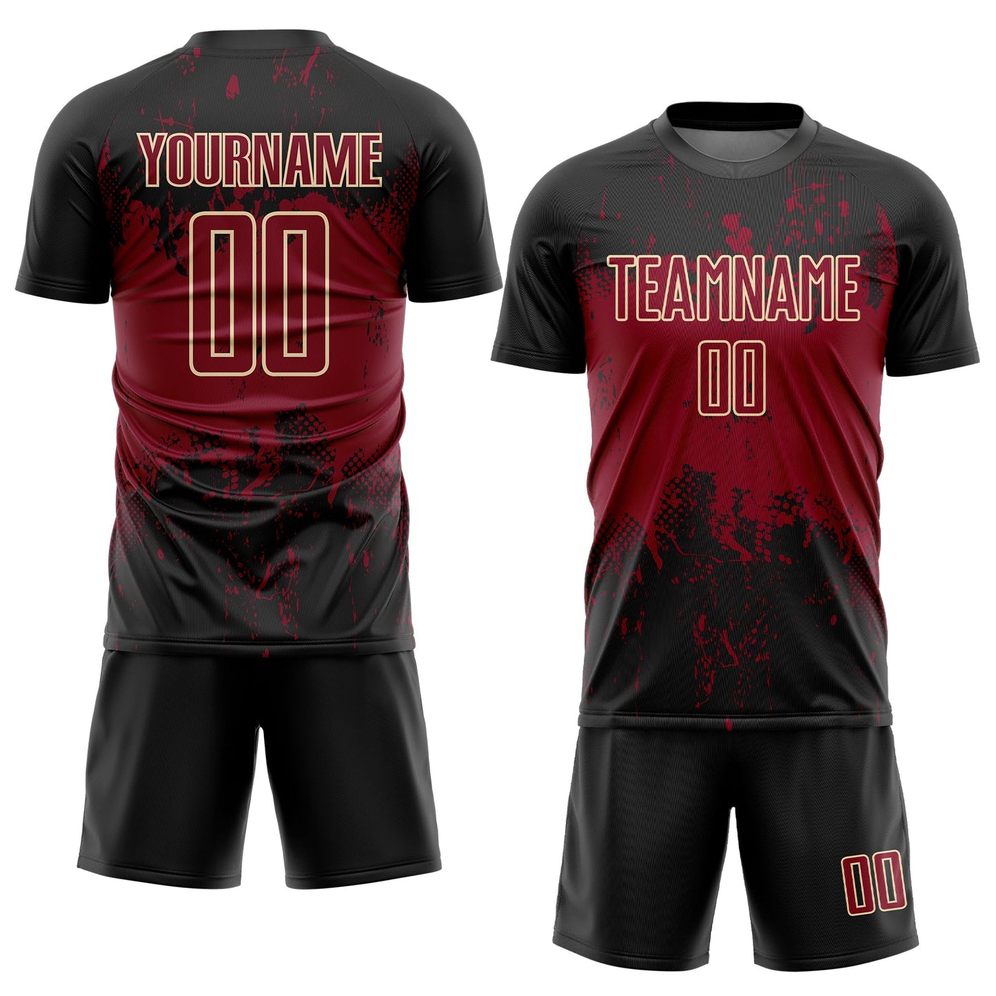 Custom Black Crimson-Cream Abstract Splatter Grunge Art Sports Sublimation Soccer Uniform Jersey view 2