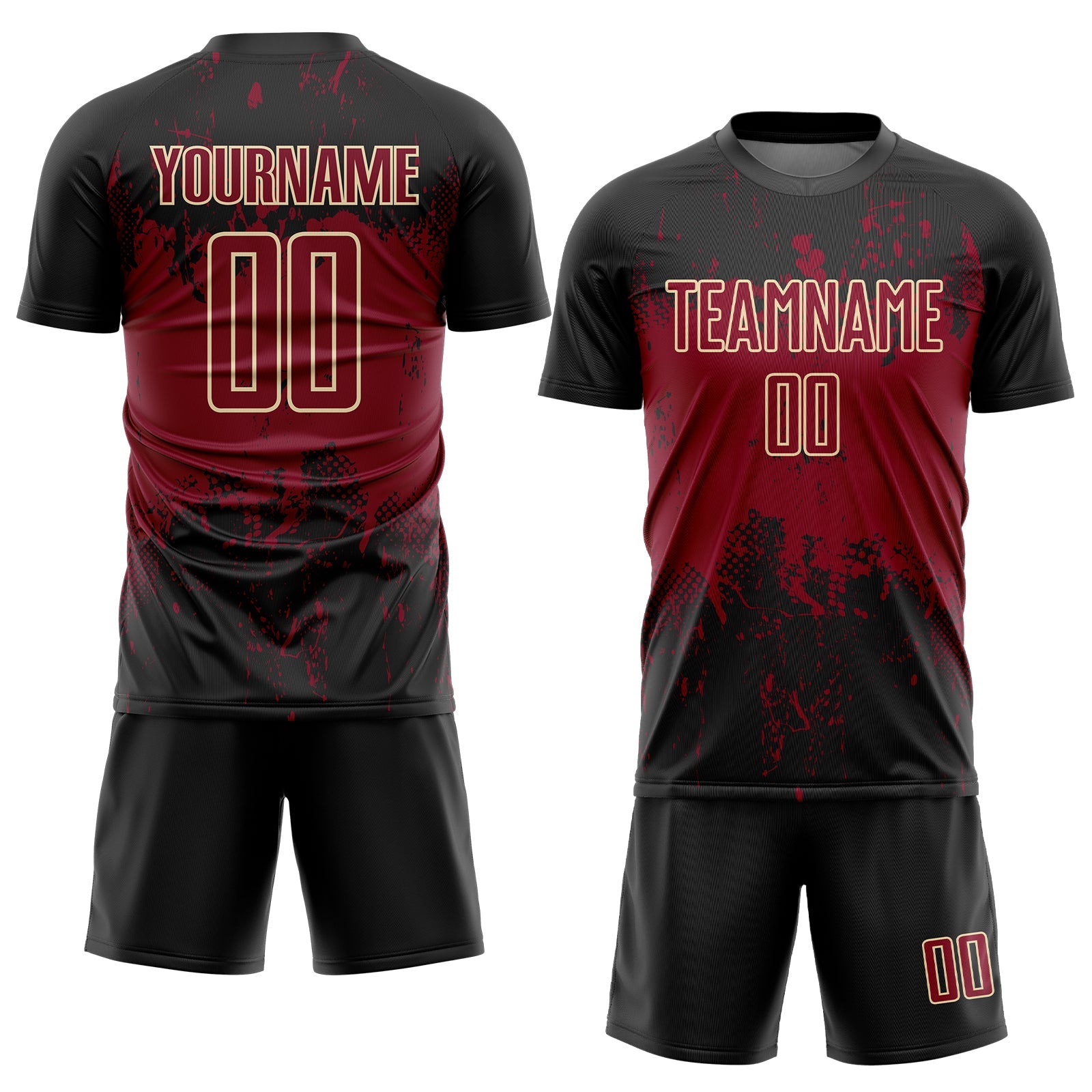 Custom Black Crimson-Cream Abstract Splatter Grunge Art Sports Sublimation Soccer Uniform Jersey view 2