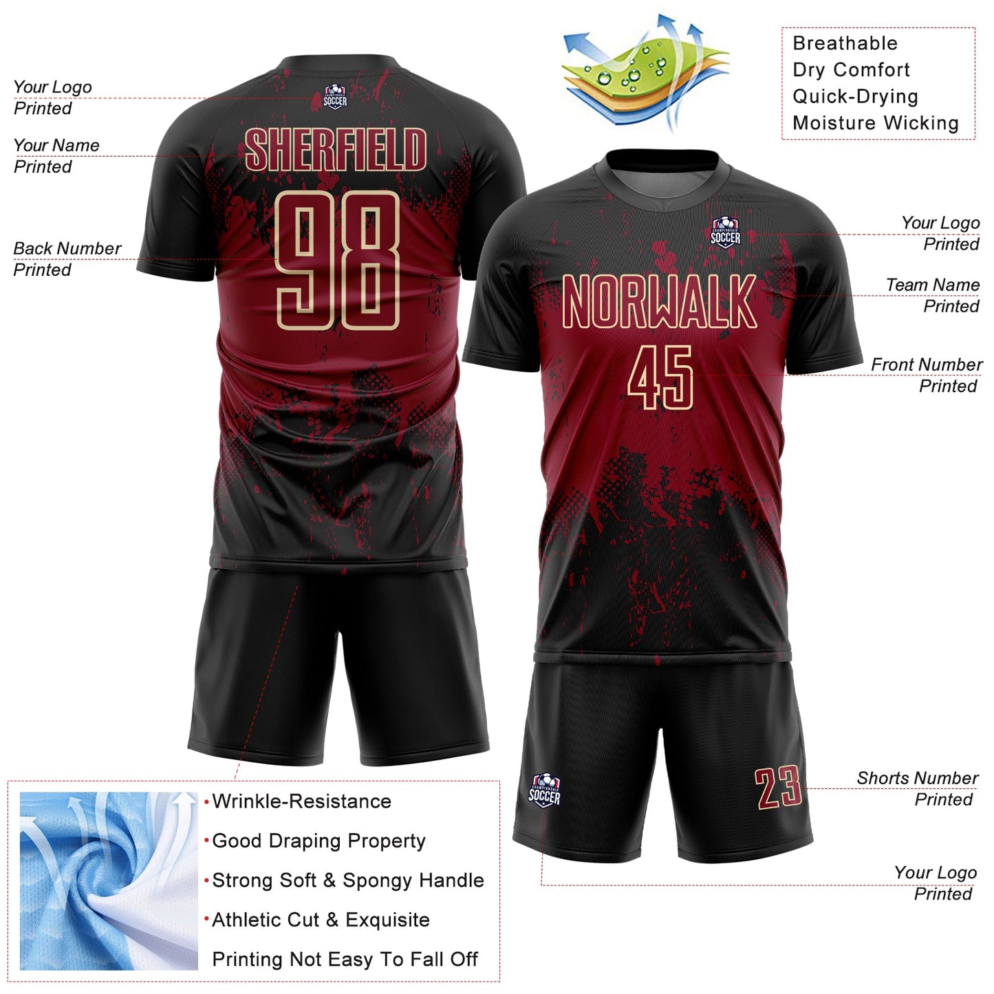Custom Black Crimson-Cream Abstract Splatter Grunge Art Sports Sublimation Soccer Uniform Jersey view 4