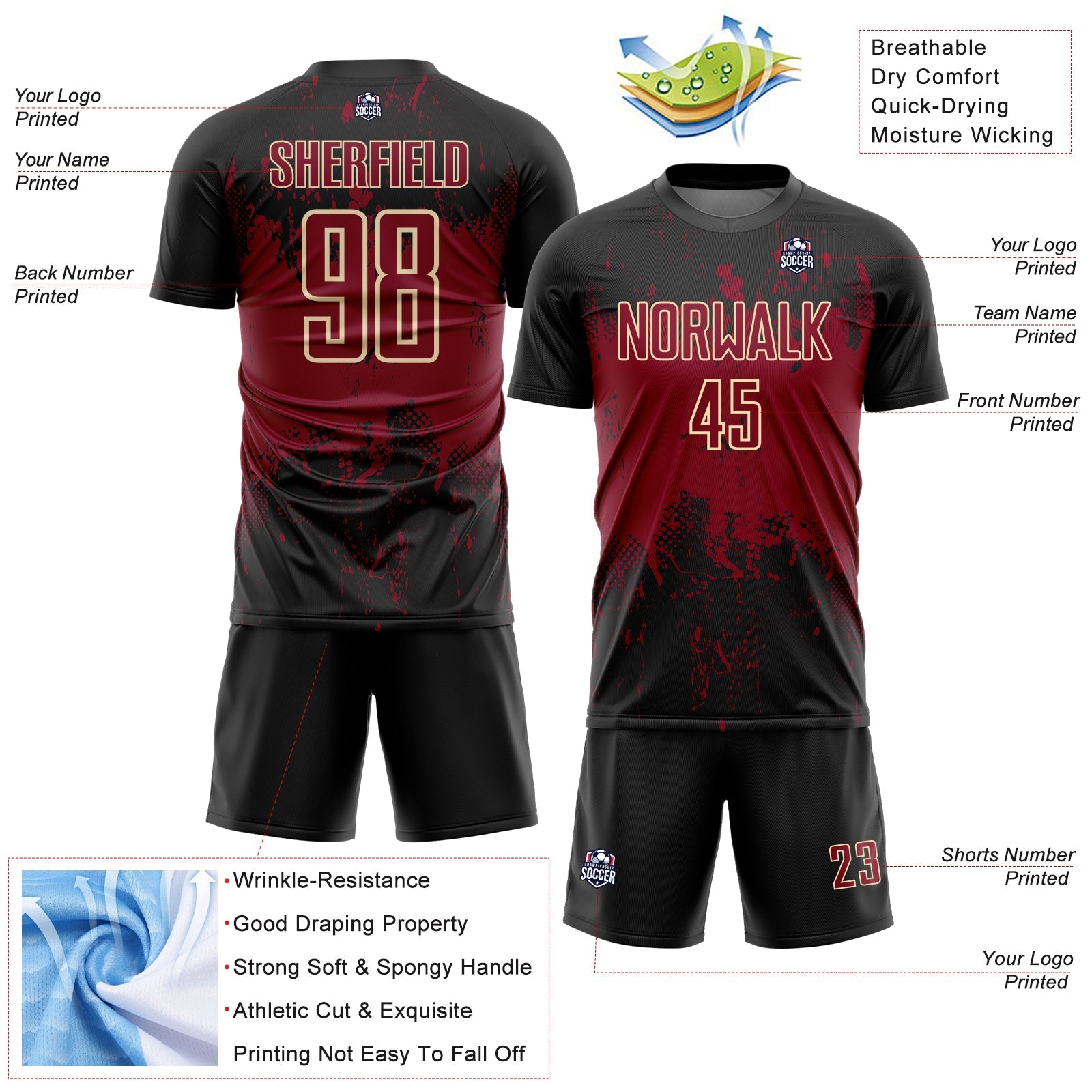 Custom Black Crimson-Cream Abstract Splatter Grunge Art Sports Sublimation Soccer Uniform Jersey view 4