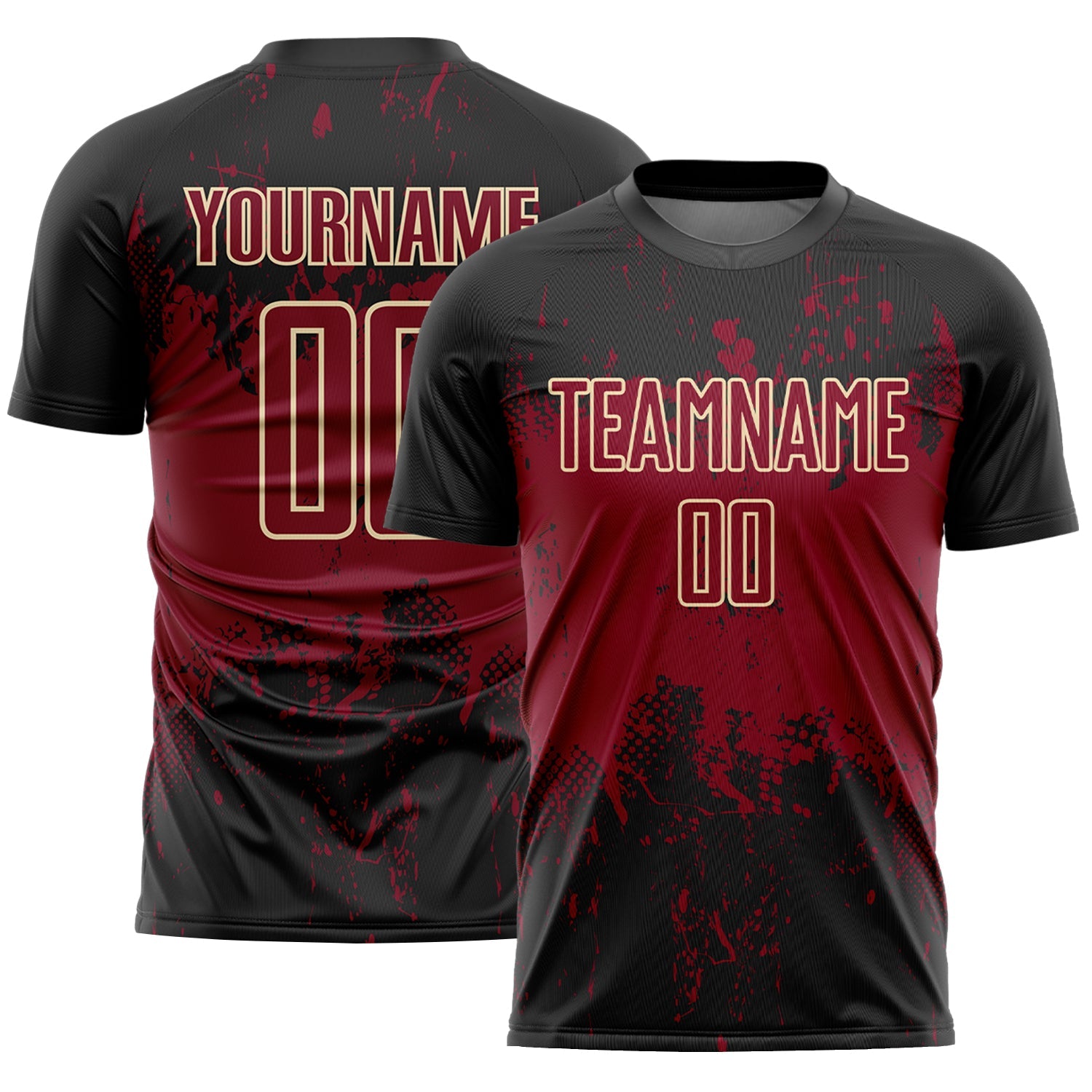 Custom Black Crimson-Cream Abstract Splatter Grunge Art Sports Sublimation Soccer Uniform Jersey - Main View