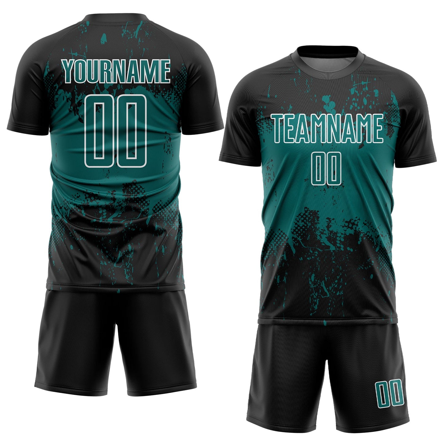 Custom Black Teal-White Abstract Splatter Grunge Art Sports Sublimation Soccer Uniform Jersey view 2