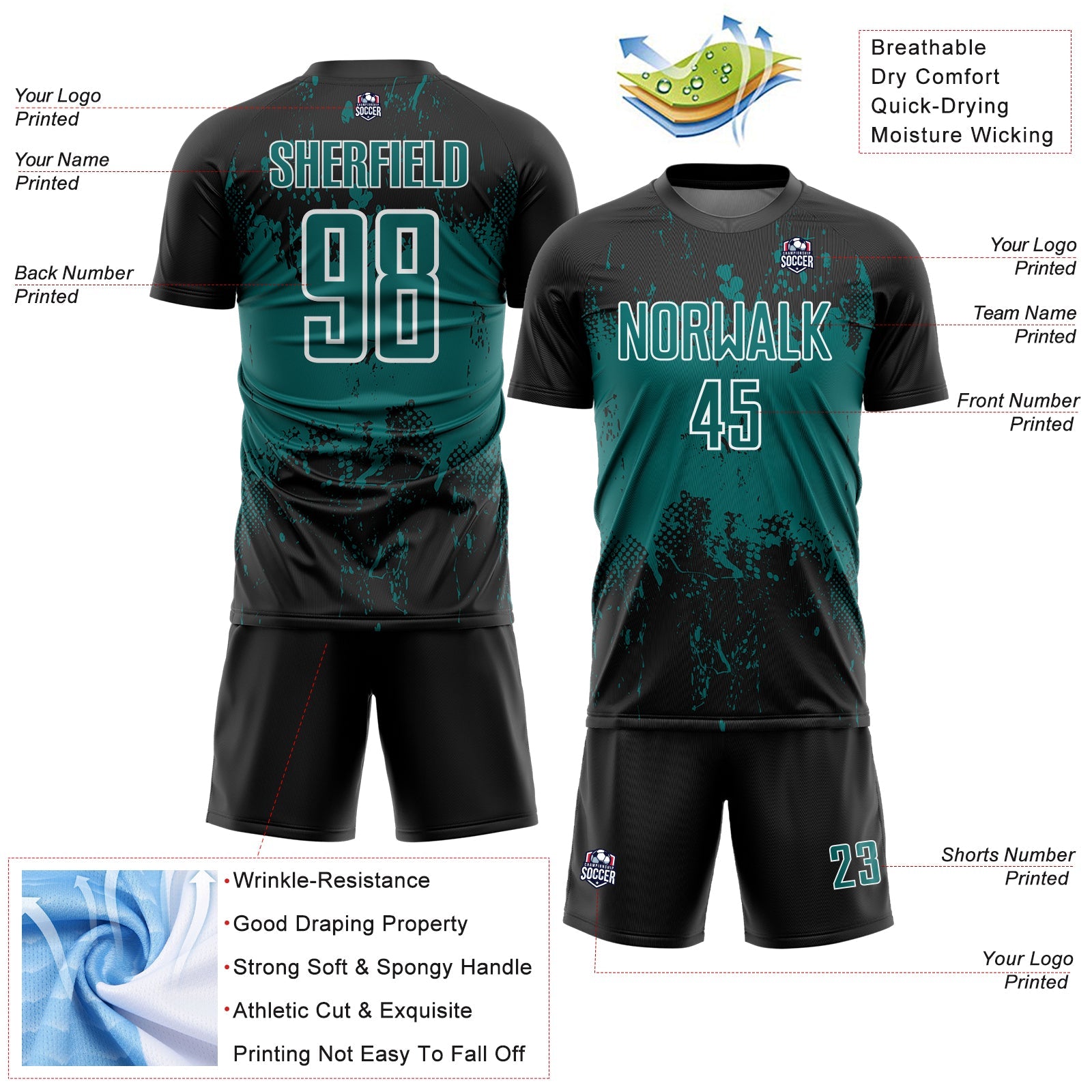 Custom Black Teal-White Abstract Splatter Grunge Art Sports Sublimation Soccer Uniform Jersey view 4