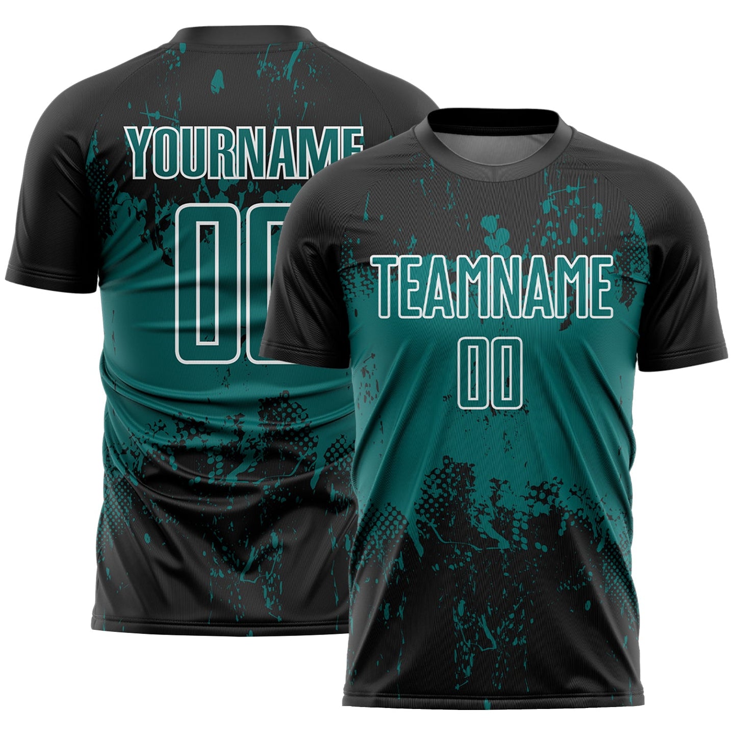 Custom Black Teal-White Abstract Splatter Grunge Art Sports Sublimation Soccer Uniform Jersey - Main View