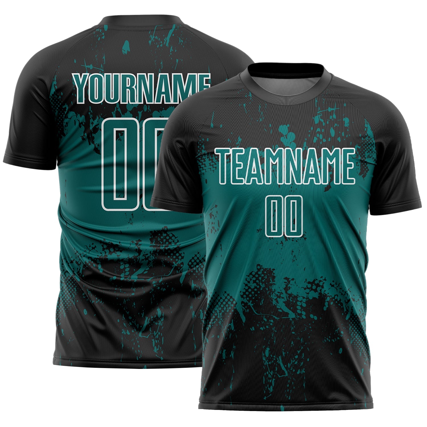 Custom Black Teal-White Abstract Splatter Grunge Art Sports Sublimation Soccer Uniform Jersey - Main View