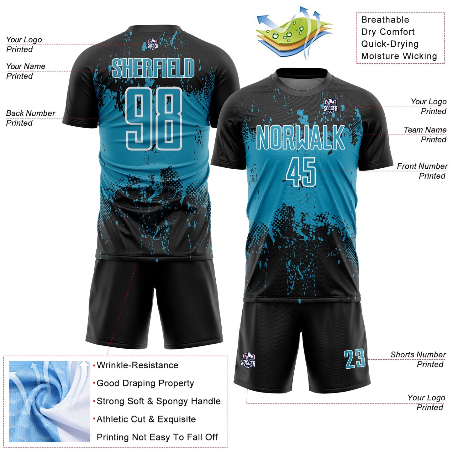 Custom Black Panther Blue-White Abstract Splatter Grunge Art Sports Sublimation Soccer Uniform Jersey view 4