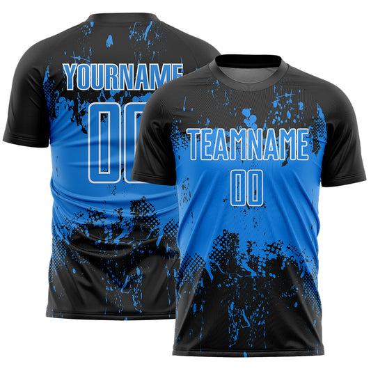 Custom Black Powder Blue-White Abstract Splatter Grunge Art Sports Sublimation Soccer Uniform Jersey - Main View