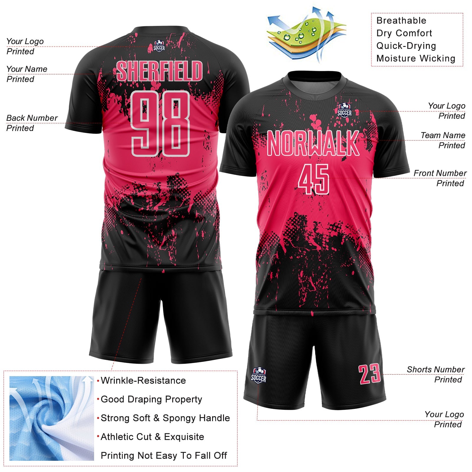 Custom Black Neon Pink-White Abstract Splatter Grunge Art Sports Sublimation Soccer Uniform Jersey view 4