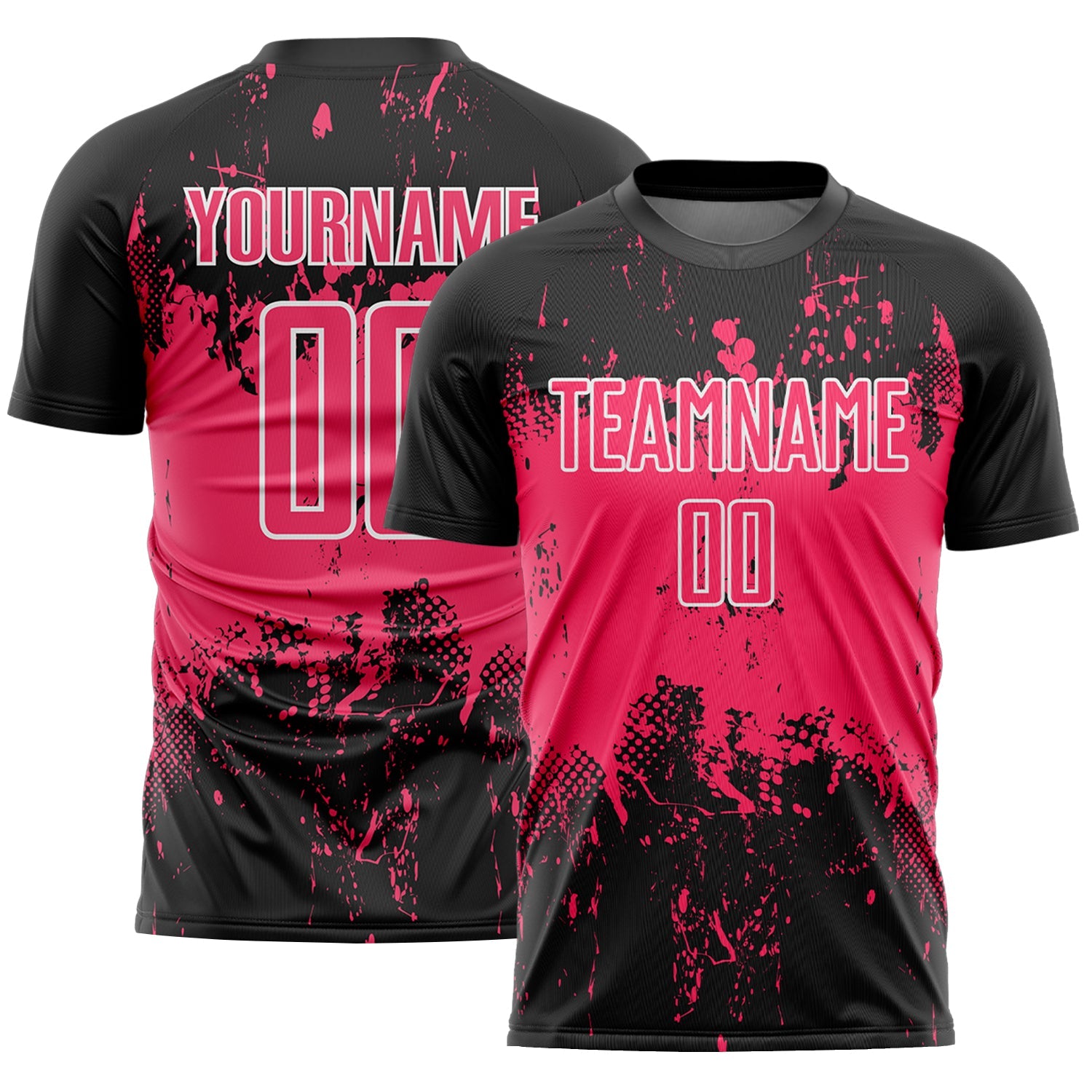 Custom Black Neon Pink-White Abstract Splatter Grunge Art Sports Sublimation Soccer Uniform Jersey - Main View