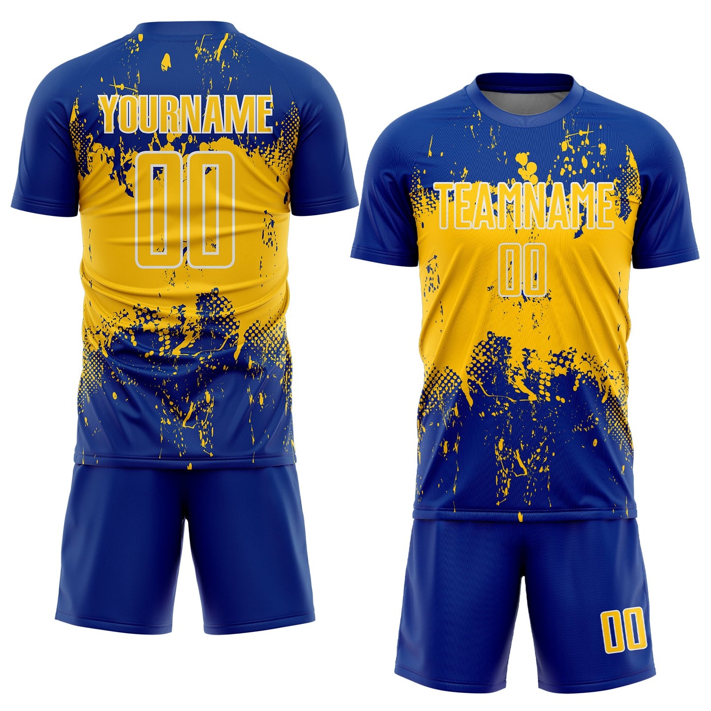 Custom Royal Yellow-White Abstract Splatter Grunge Art Sports Sublimation Soccer Uniform Jersey view 2