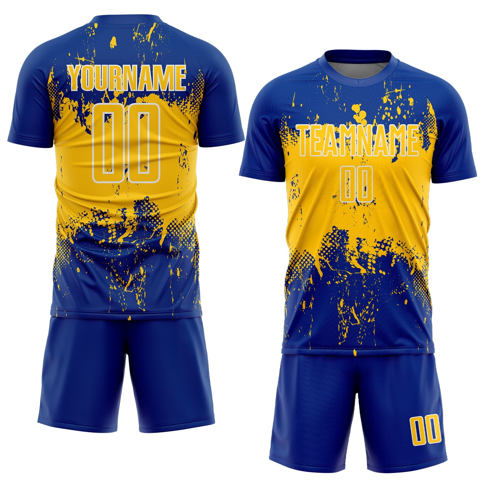 Custom Royal Yellow-White Abstract Splatter Grunge Art Sports Sublimation Soccer Uniform Jersey view 2