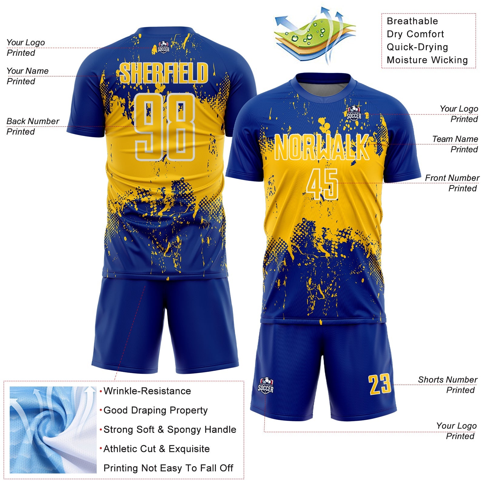 Custom Royal Yellow-White Abstract Splatter Grunge Art Sports Sublimation Soccer Uniform Jersey view 4