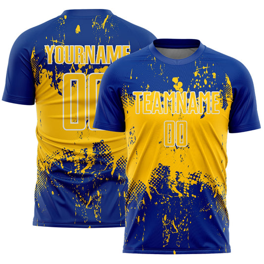 Custom Royal Yellow-White Abstract Splatter Grunge Art Sports Sublimation Soccer Uniform Jersey - Main View