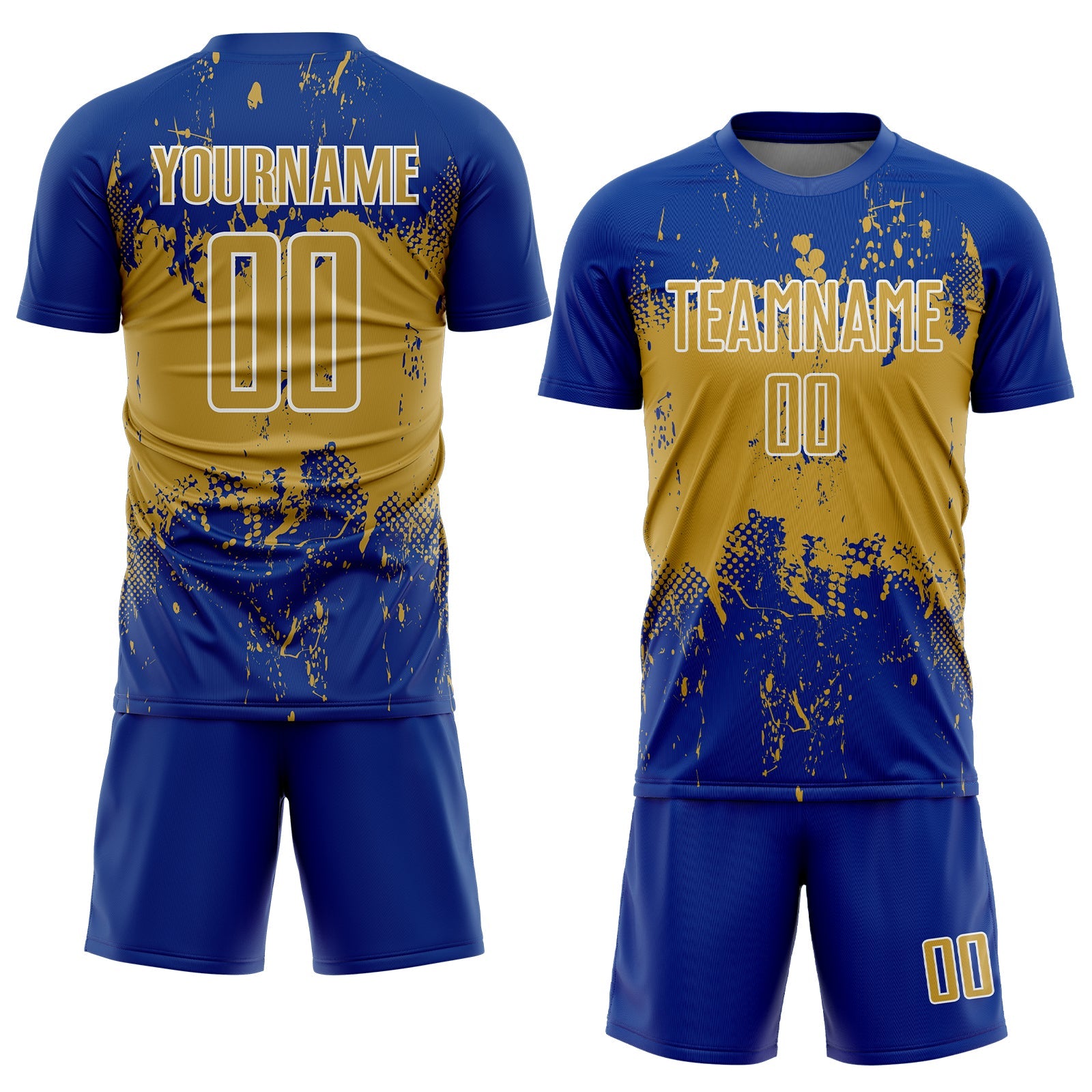 Custom Royal Old Gold-White Abstract Splatter Grunge Art Sports Sublimation Soccer Uniform Jersey view 2