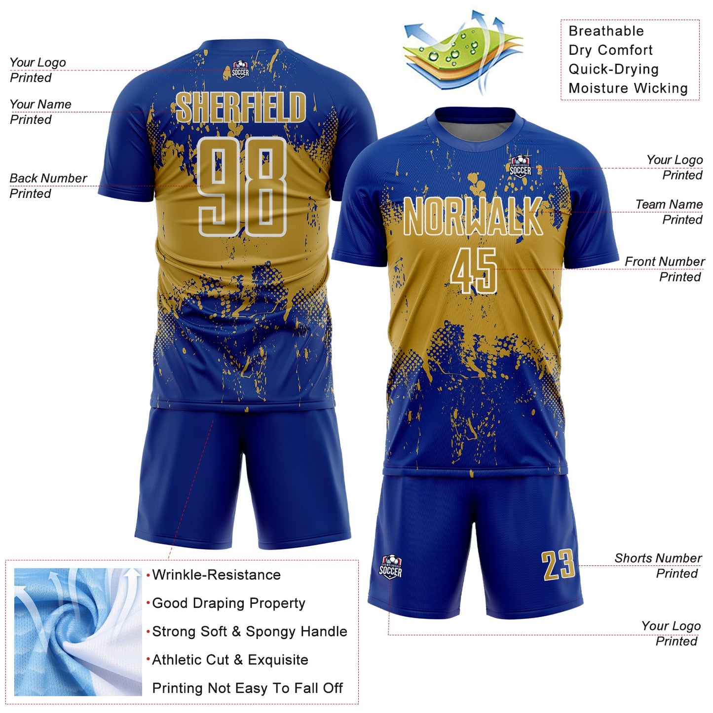 Custom Royal Old Gold-White Abstract Splatter Grunge Art Sports Sublimation Soccer Uniform Jersey view 4