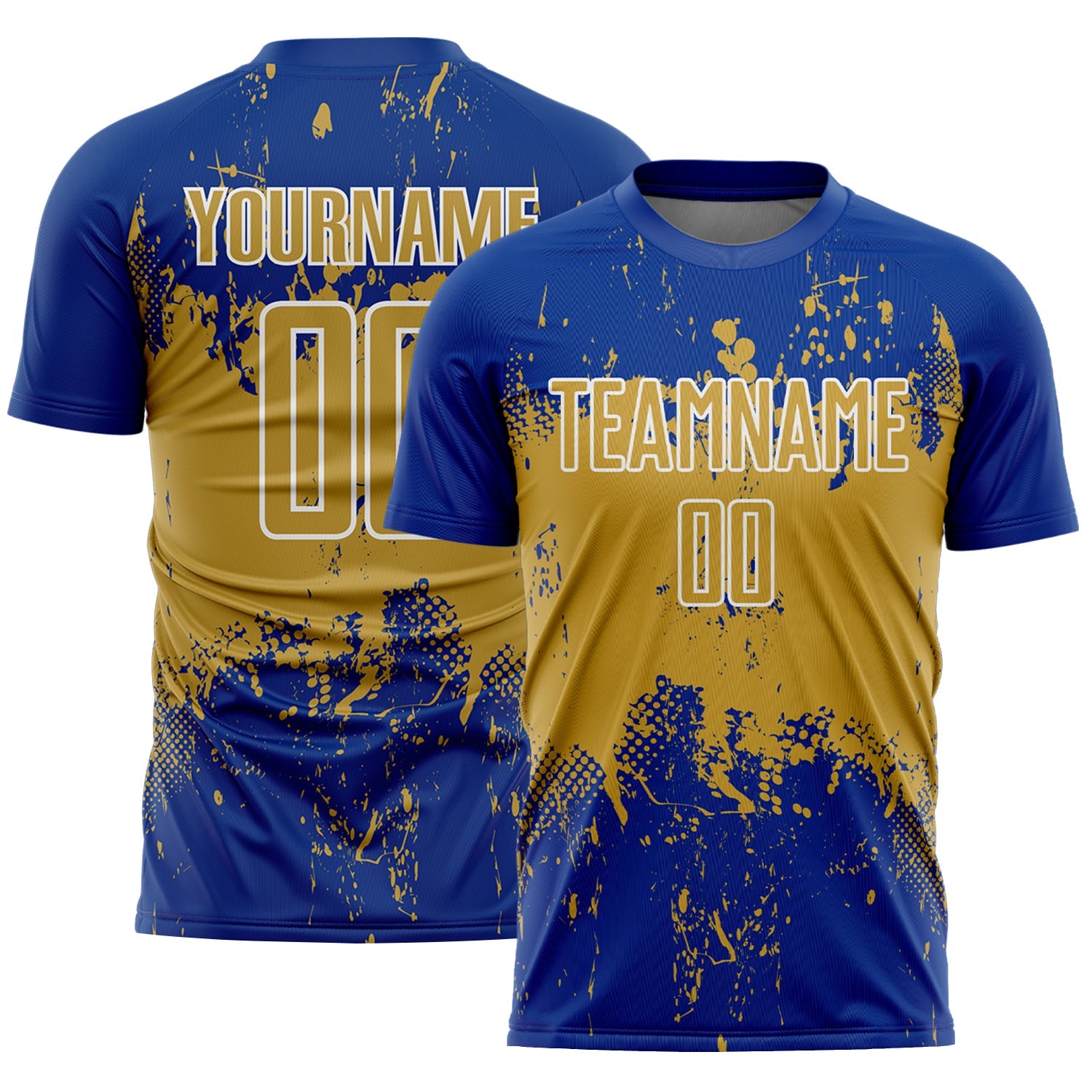 Custom Royal Old Gold-White Abstract Splatter Grunge Art Sports Sublimation Soccer Uniform Jersey - Main View