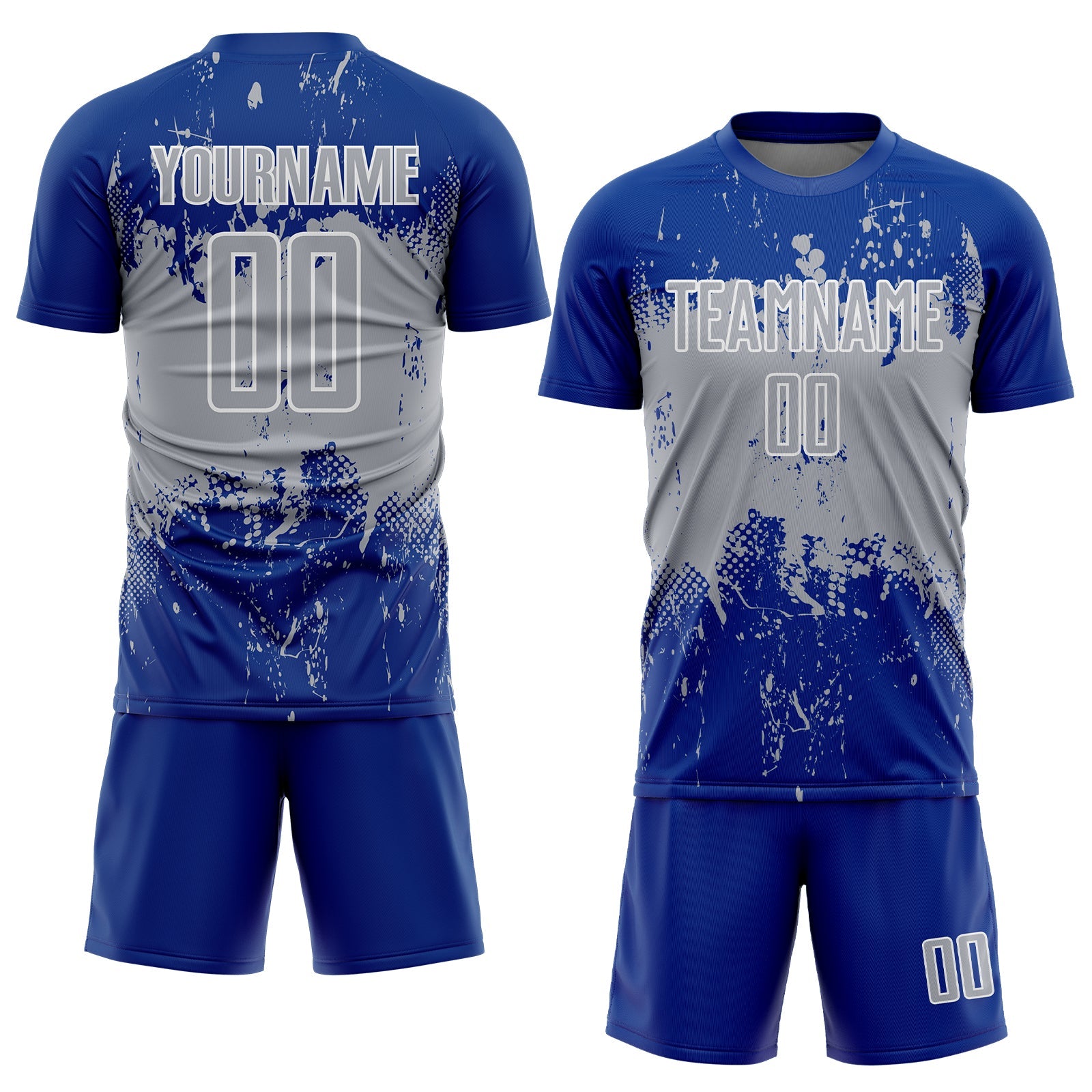 Custom Royal Gray-White Abstract Splatter Grunge Art Sports Sublimation Soccer Uniform Jersey view 2