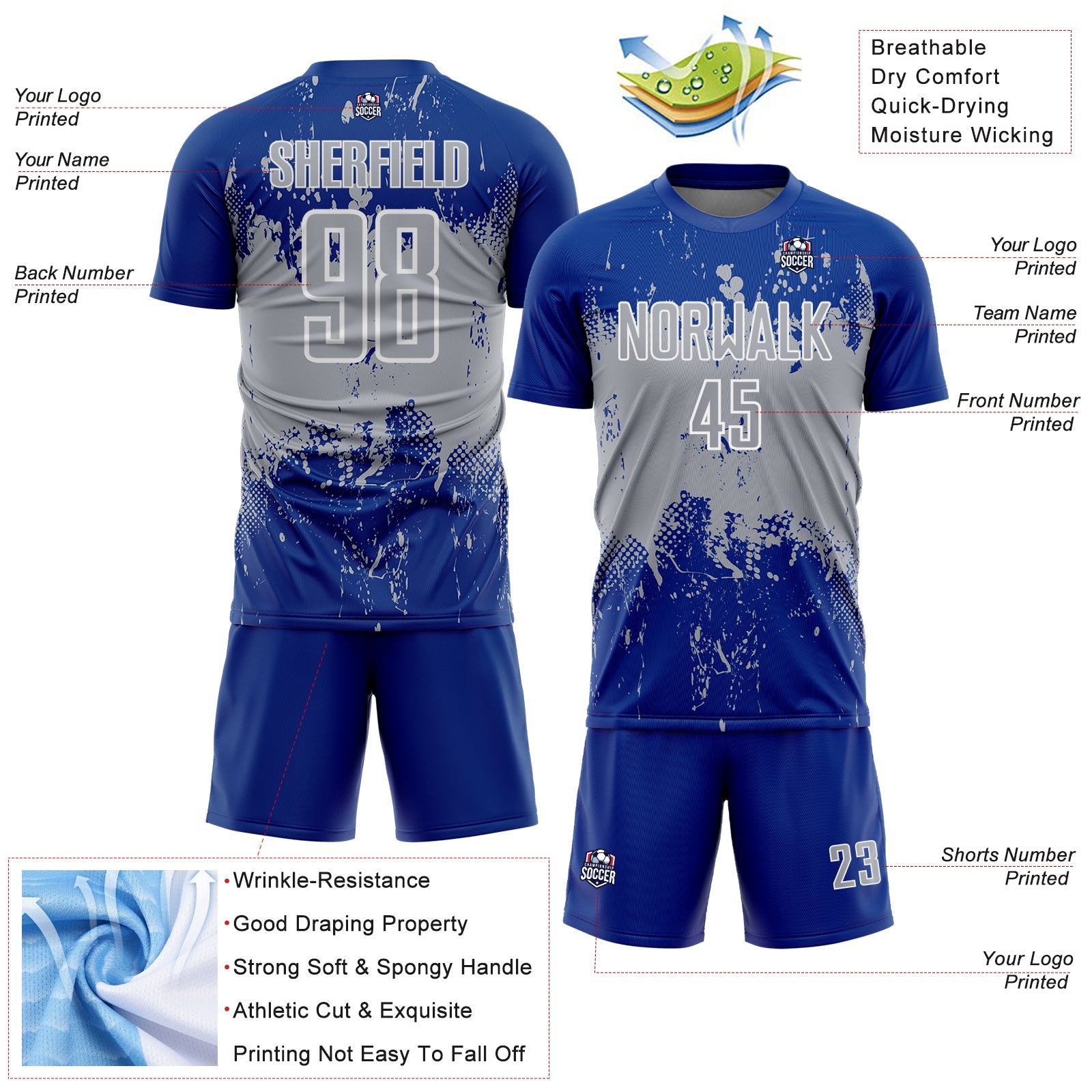 Custom Royal Gray-White Abstract Splatter Grunge Art Sports Sublimation Soccer Uniform Jersey view 4