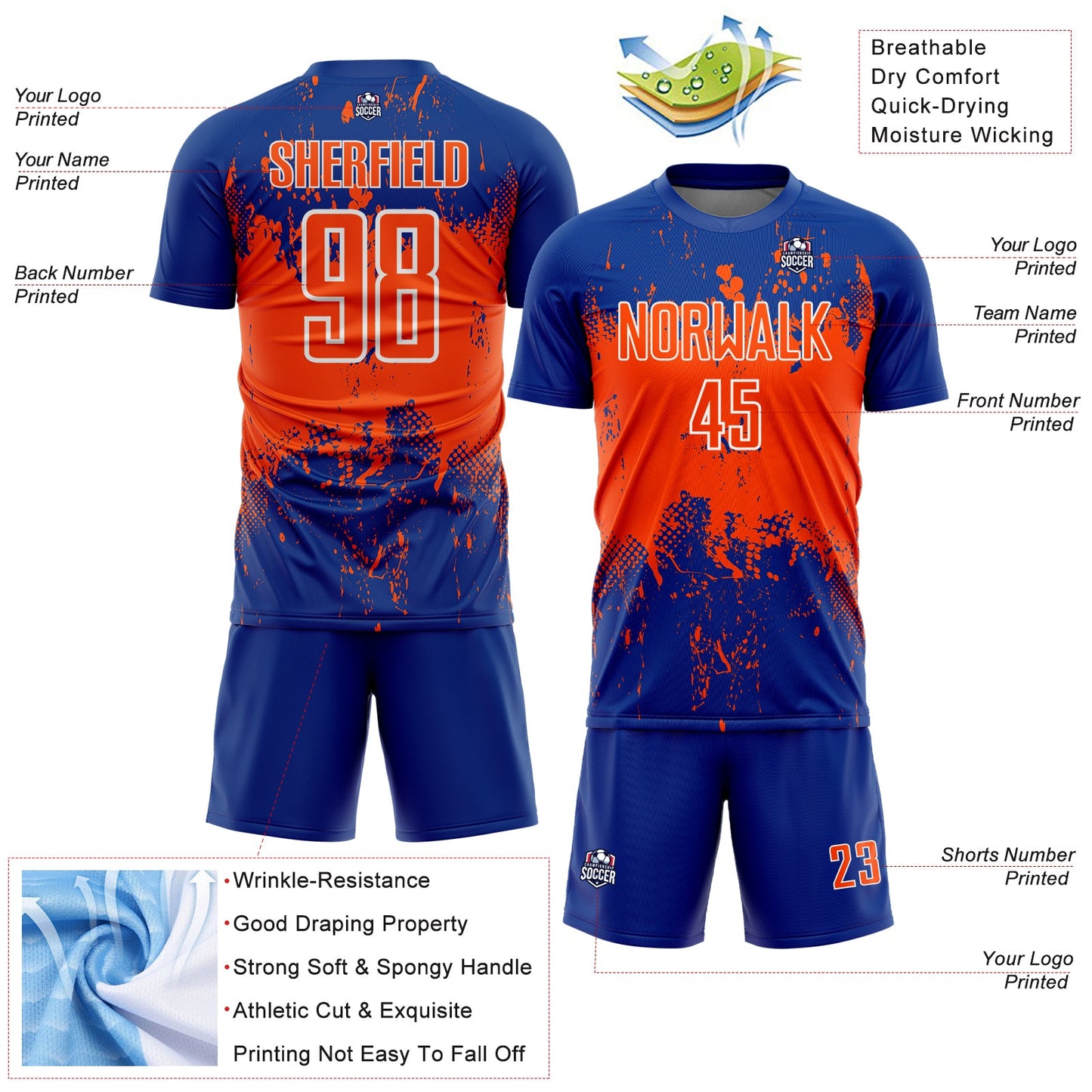 Custom Royal Orange-White Abstract Splatter Grunge Art Sports Sublimation Soccer Uniform Jersey view 4