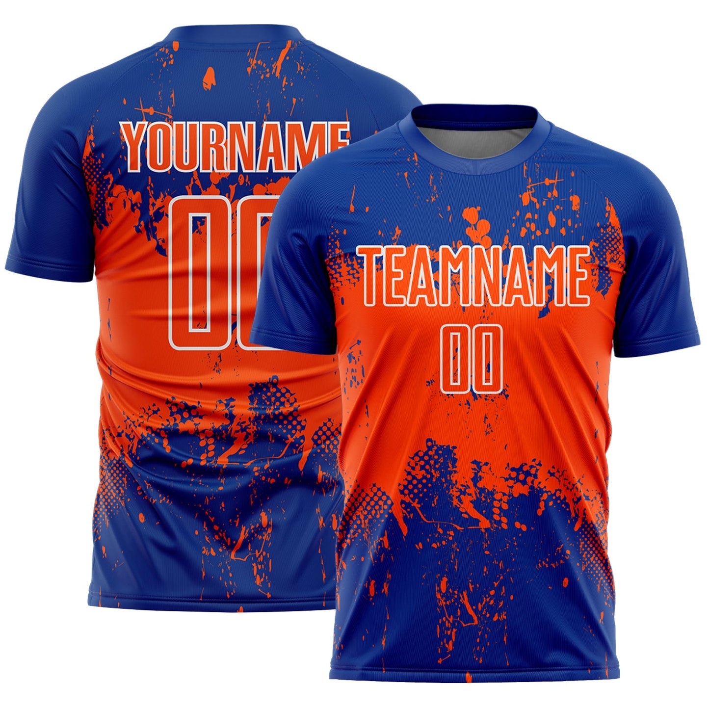 Custom Royal Orange-White Abstract Splatter Grunge Art Sports Sublimation Soccer Uniform Jersey - Main View