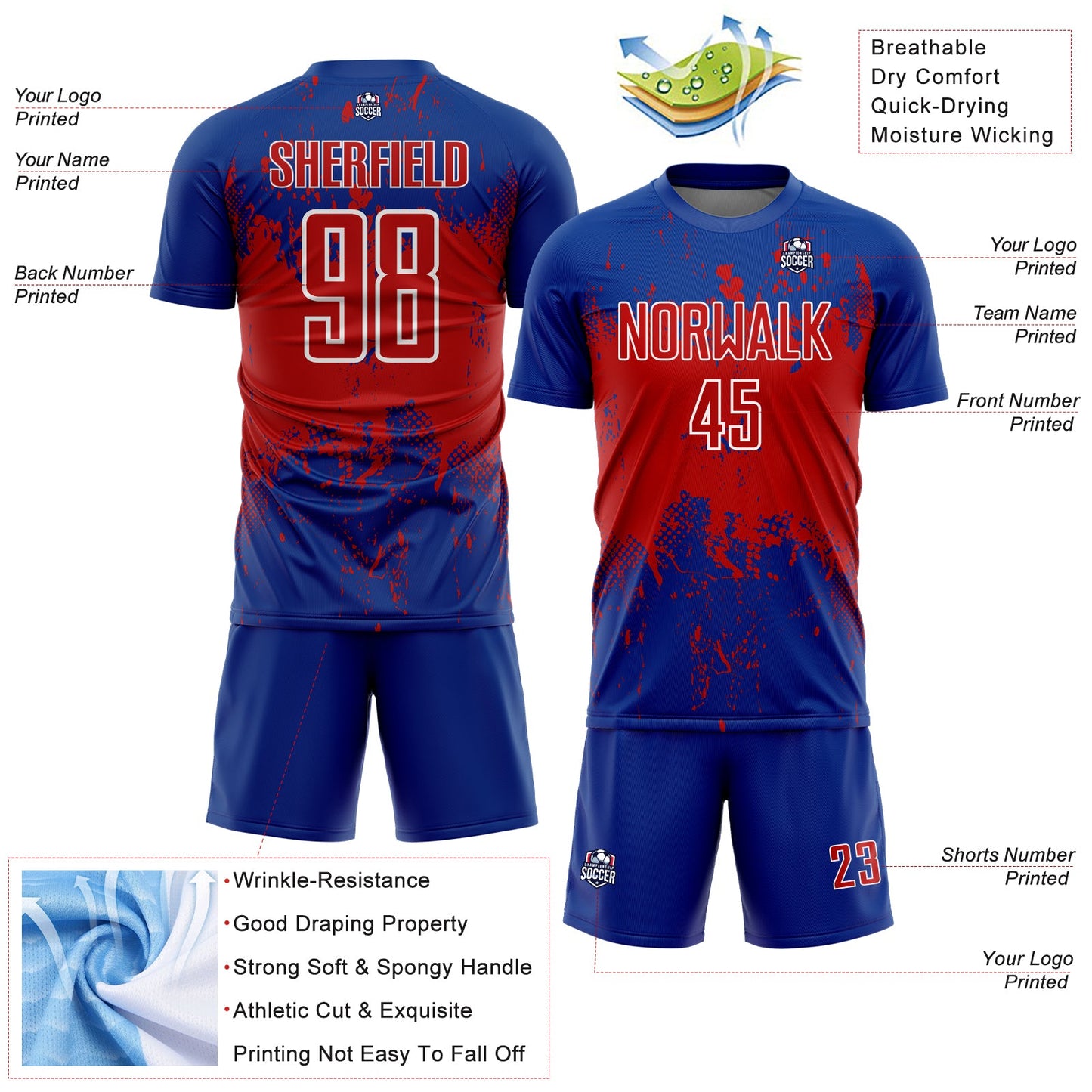 Custom Royal Red-White Abstract Splatter Grunge Art Sports Sublimation Soccer Uniform Jersey view 4