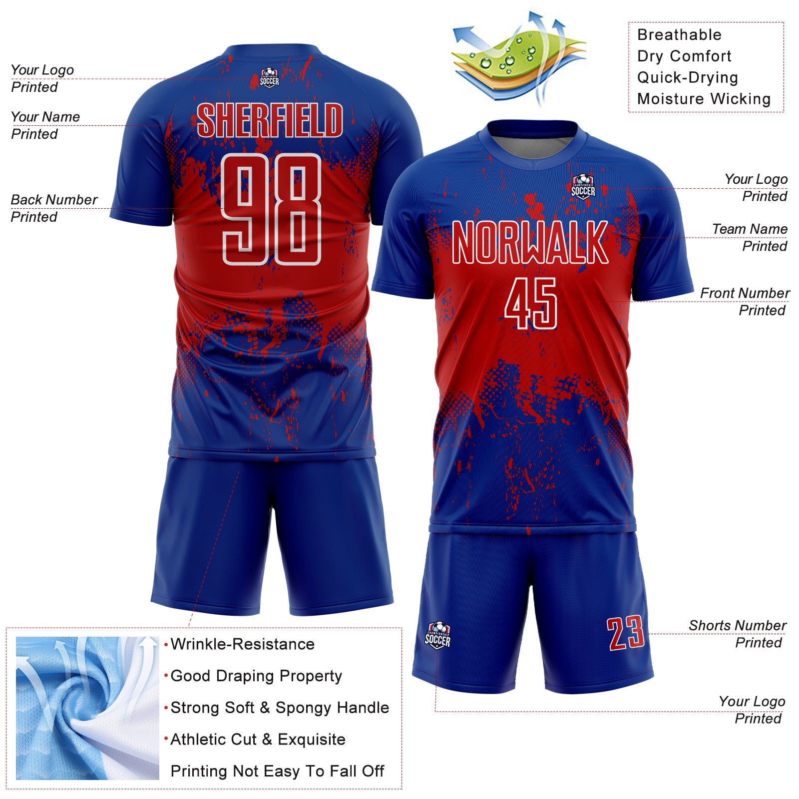 Custom Royal Red-White Abstract Splatter Grunge Art Sports Sublimation Soccer Uniform Jersey view 4