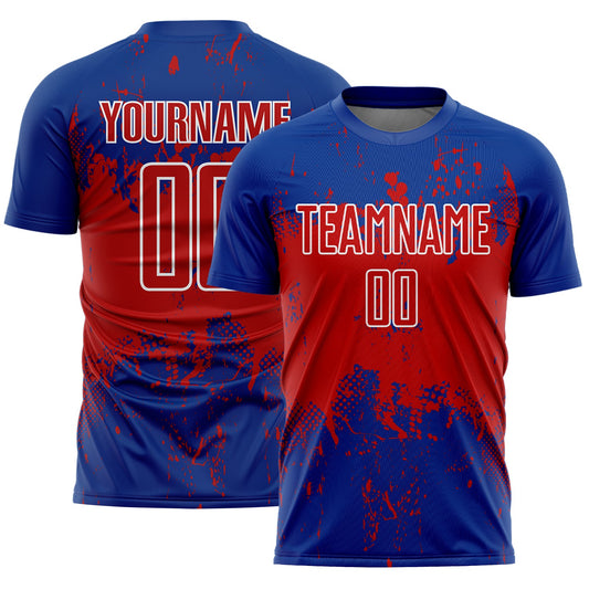Custom Royal Red-White Abstract Splatter Grunge Art Sports Sublimation Soccer Uniform Jersey - Main View