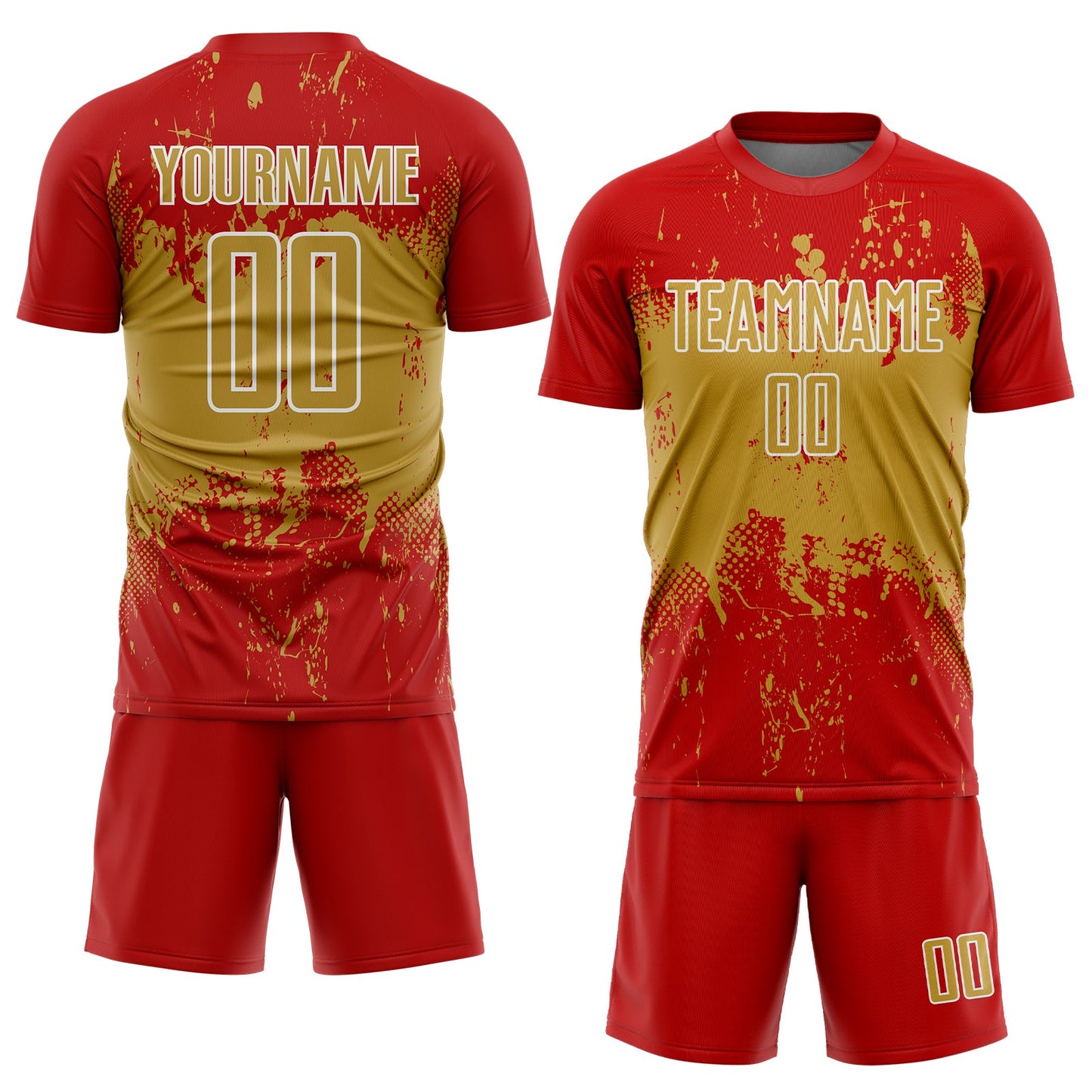 Custom Red Old Gold-White Abstract Splatter Grunge Art Sports Sublimation Soccer Uniform Jersey view 2