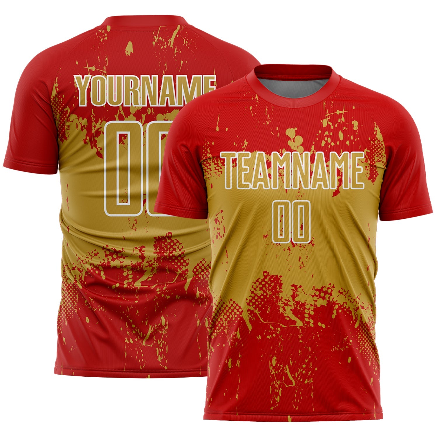 Custom Red Old Gold-White Abstract Splatter Grunge Art Sports Sublimation Soccer Uniform Jersey - Main View