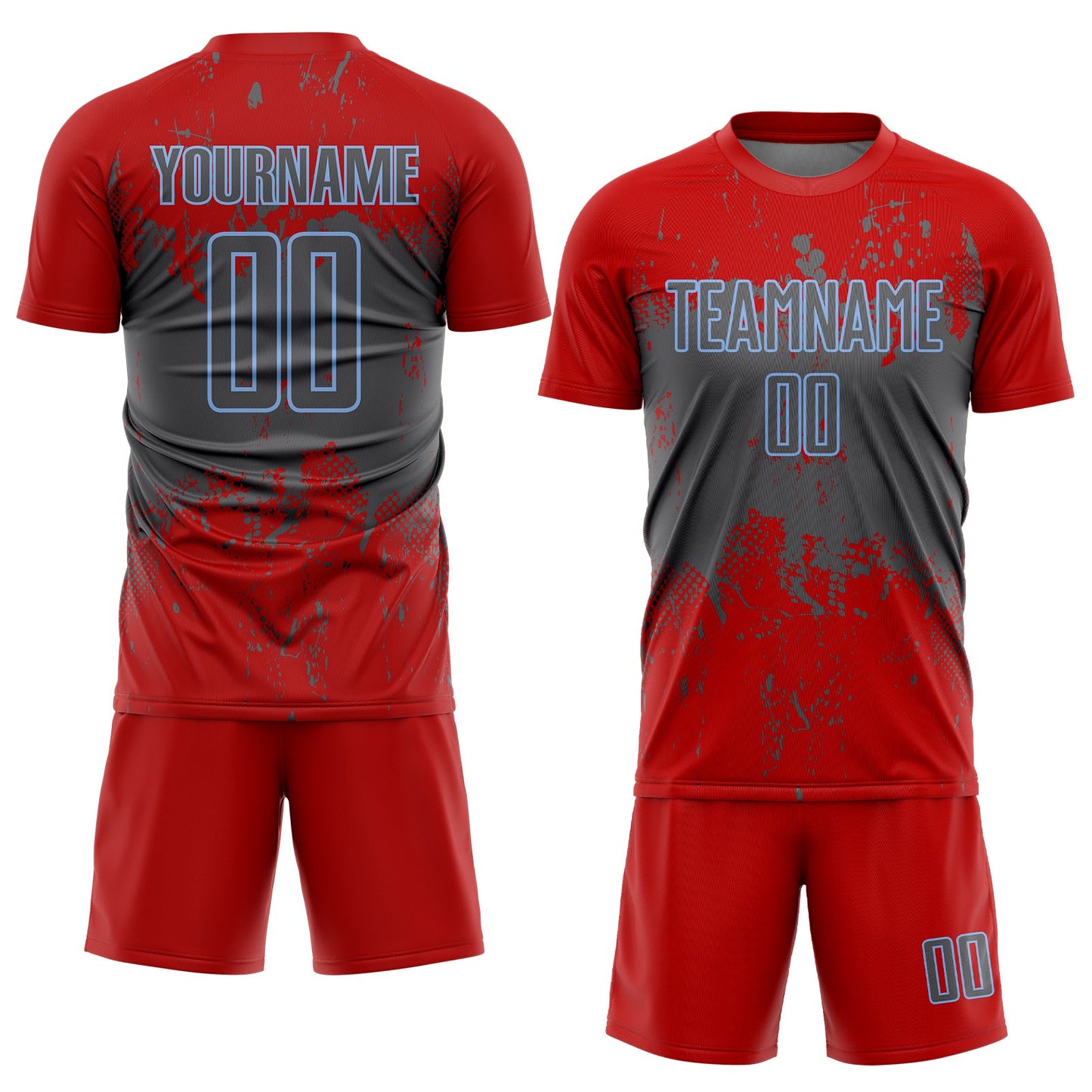 Custom Red Steel Gray-Light Blue Abstract Splatter Grunge Art Sports Sublimation Soccer Uniform Jersey view 2