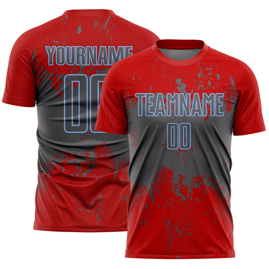 Custom Red Steel Gray-Light Blue Abstract Splatter Grunge Art Sports Sublimation Soccer Uniform Jersey - Main View