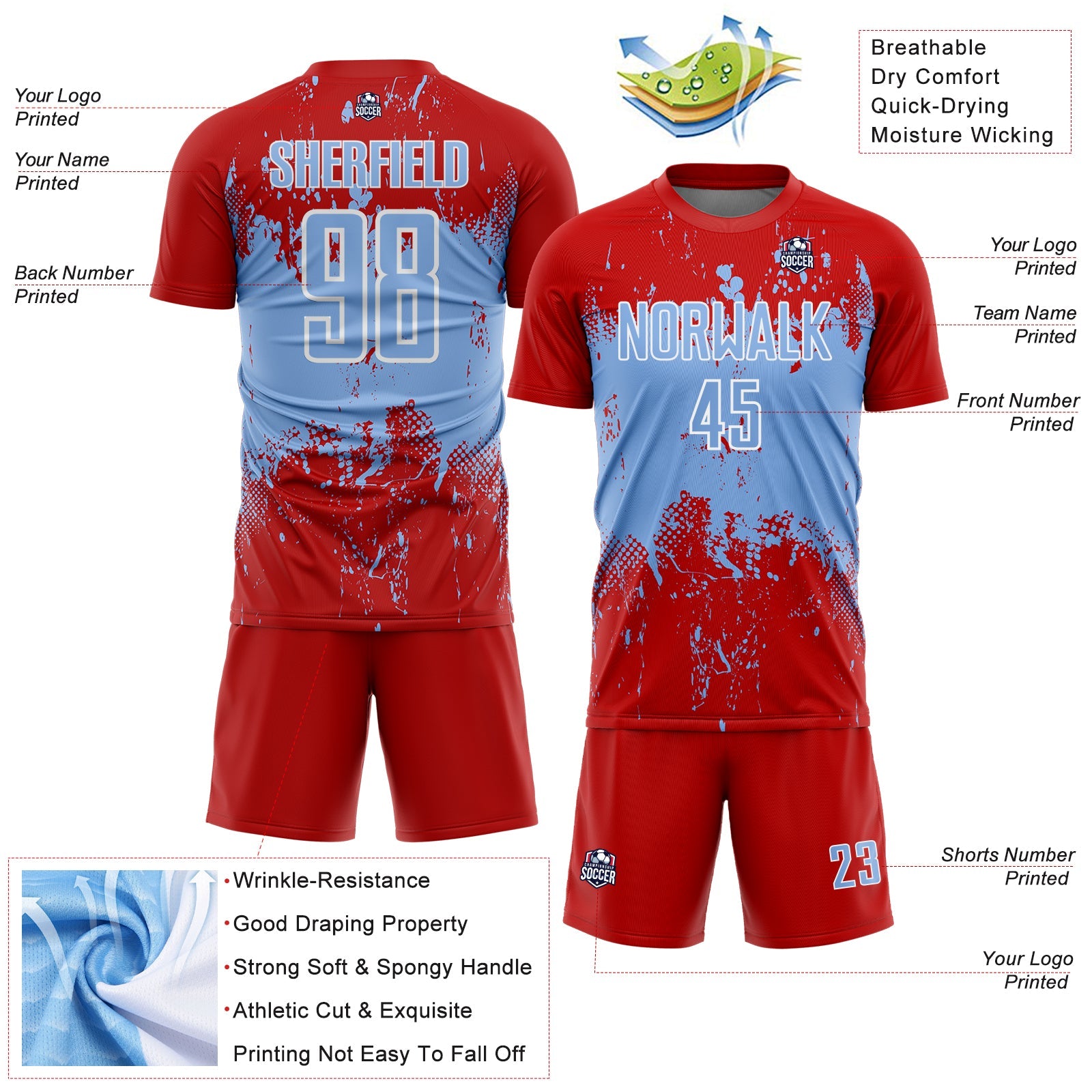 Custom Red Light Blue-White Abstract Splatter Grunge Art Sports Sublimation Soccer Uniform Jersey view 4