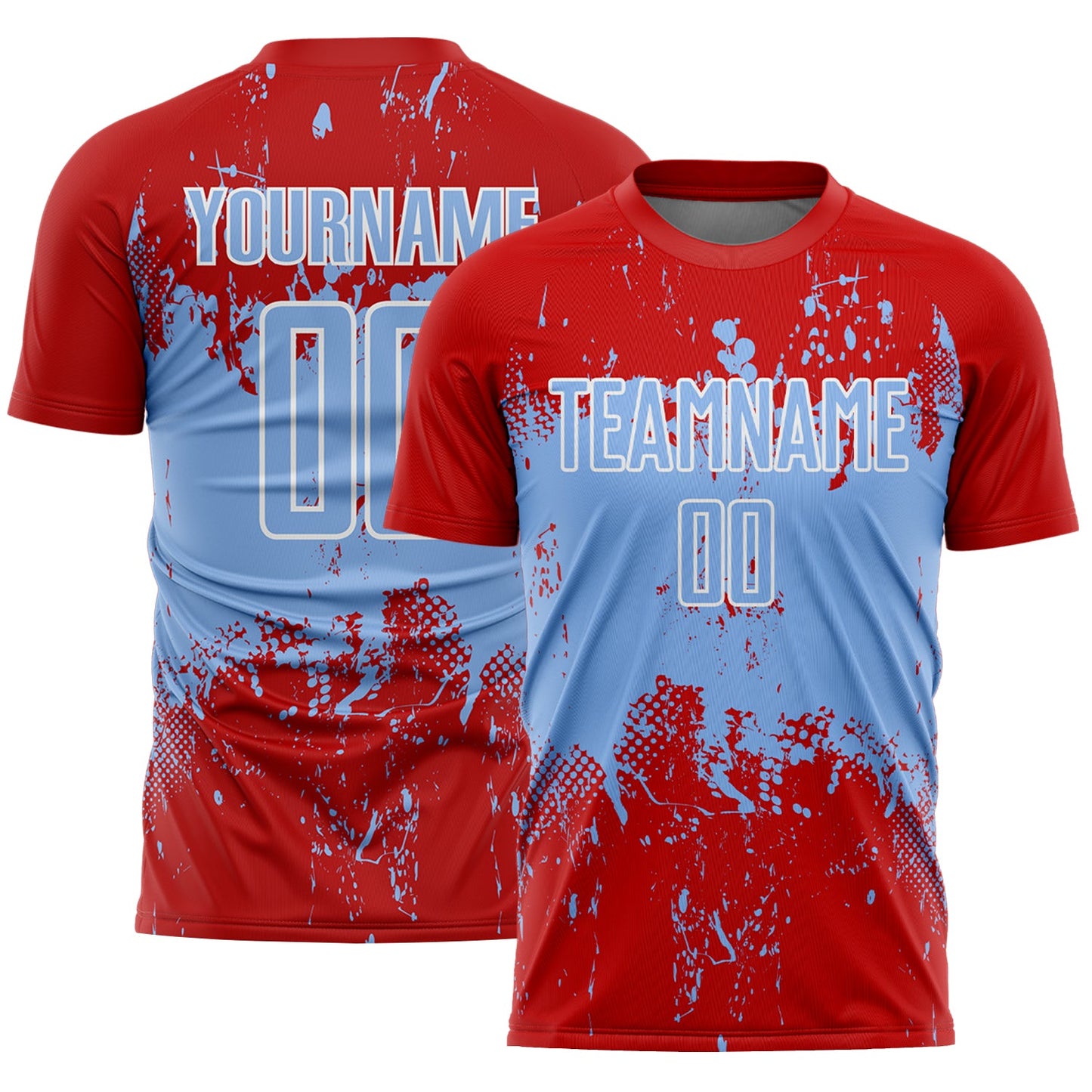Custom Red Light Blue-White Abstract Splatter Grunge Art Sports Sublimation Soccer Uniform Jersey - Main View