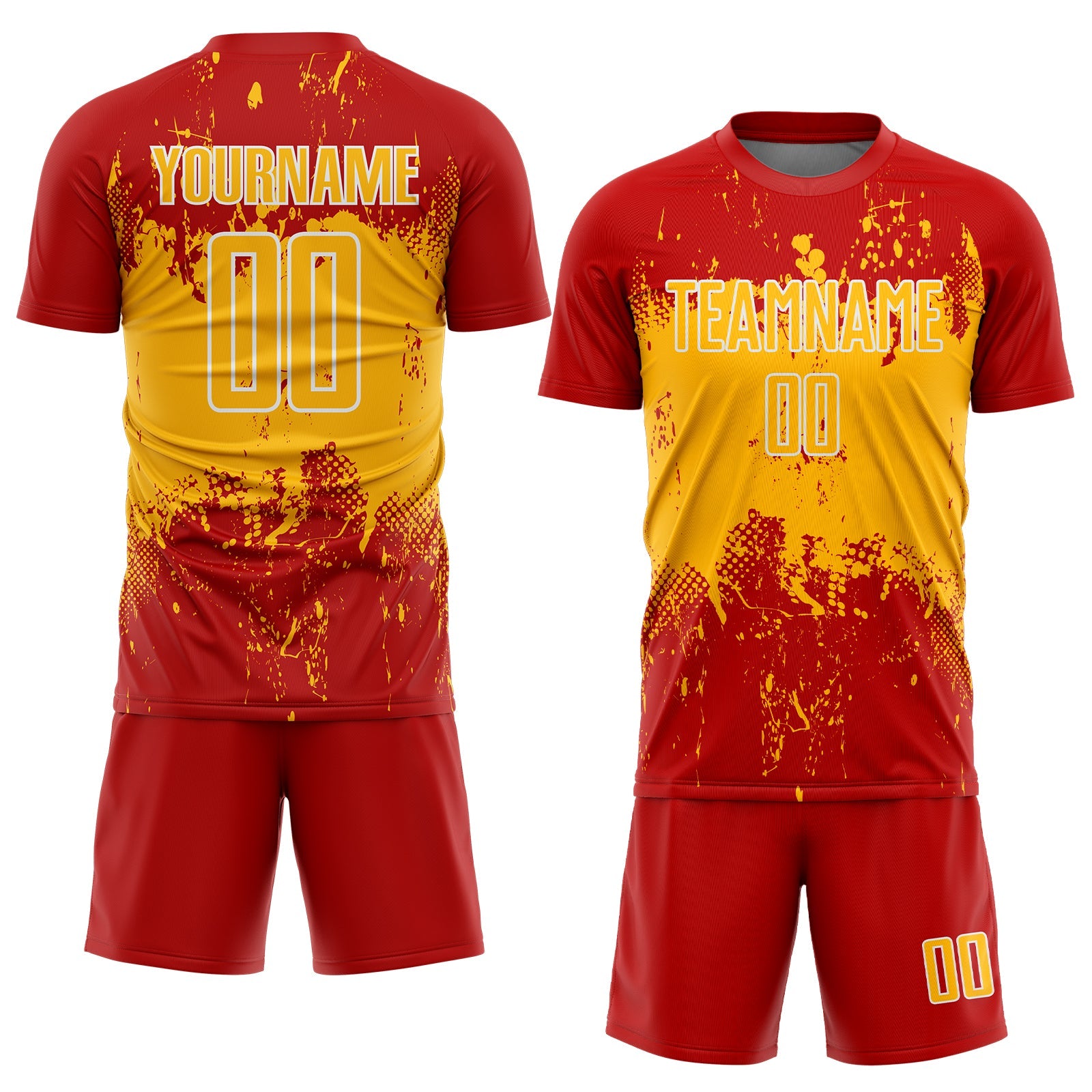 Custom Red Gold-White Abstract Splatter Grunge Art Sports Sublimation Soccer Uniform Jersey view 2