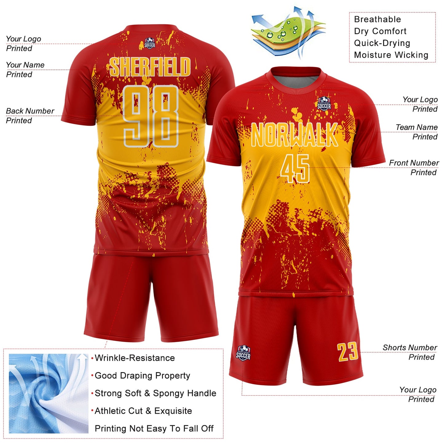 Custom Red Gold-White Abstract Splatter Grunge Art Sports Sublimation Soccer Uniform Jersey view 4