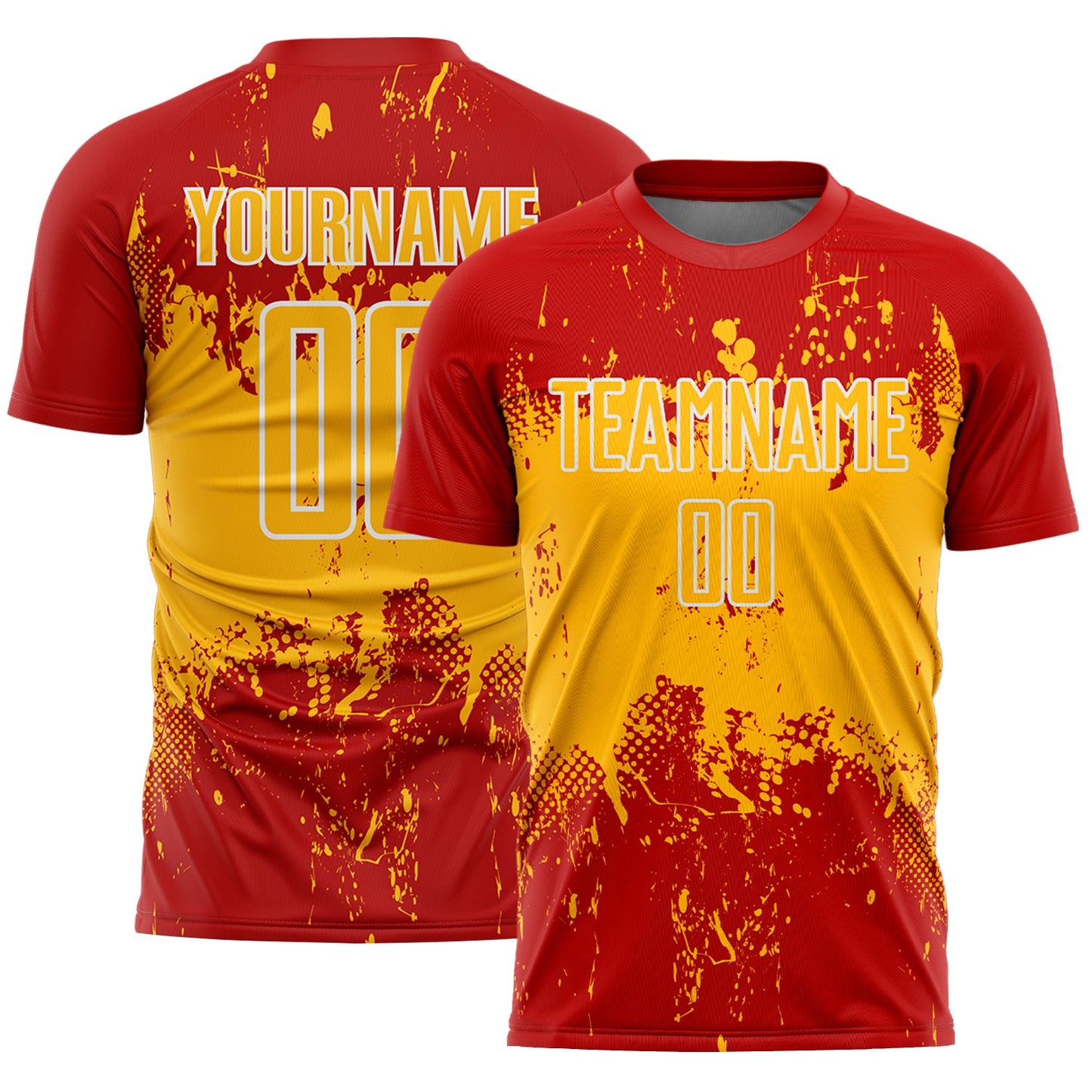 Custom Red Gold-White Abstract Splatter Grunge Art Sports Sublimation Soccer Uniform Jersey - Main View