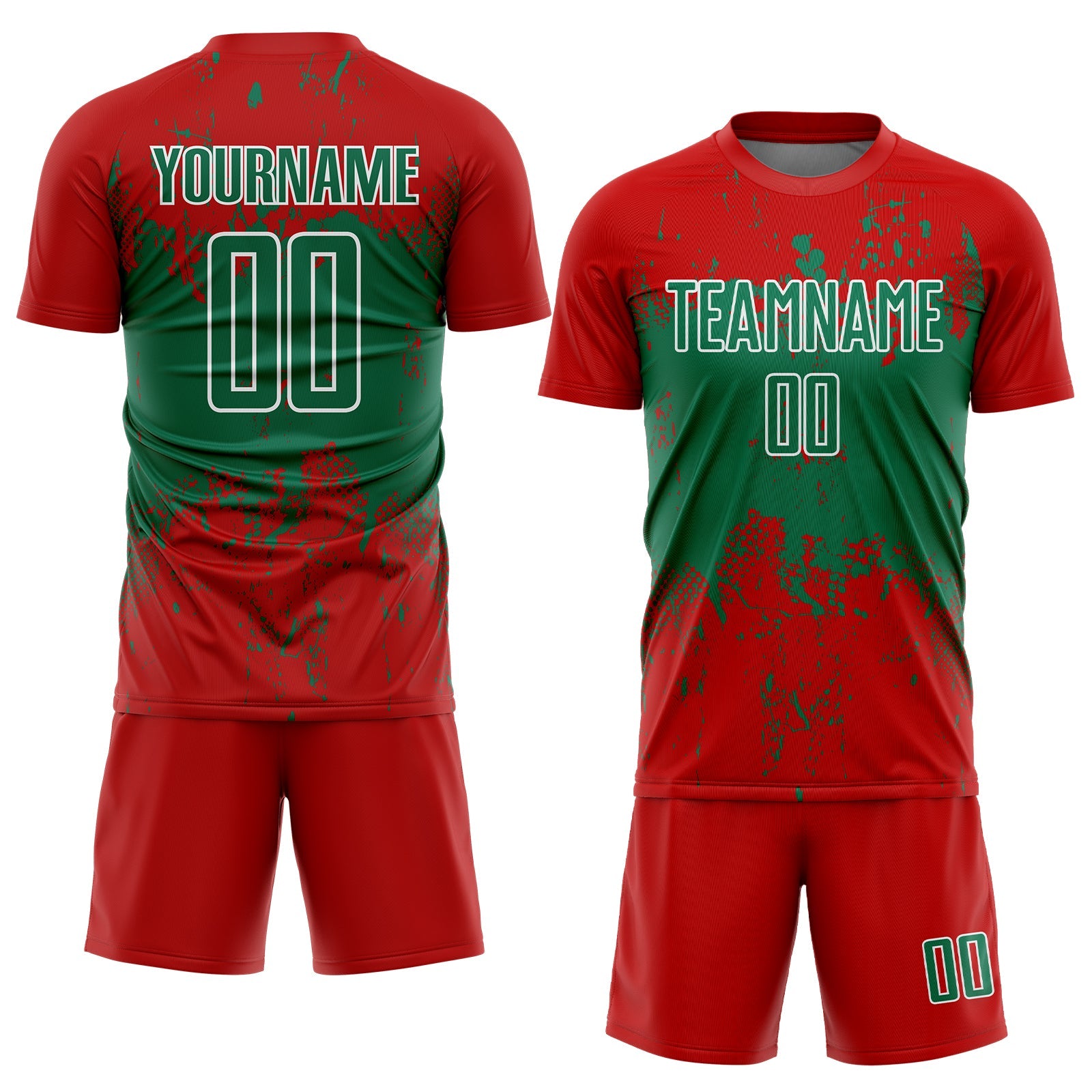 Custom Red Kelly Green-White Abstract Splatter Grunge Art Sports Sublimation Soccer Uniform Jersey view 2