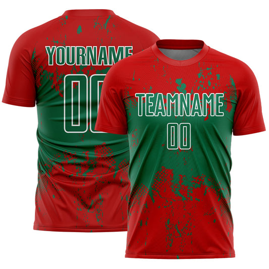 Custom Red Kelly Green-White Abstract Splatter Grunge Art Sports Sublimation Soccer Uniform Jersey - Main View