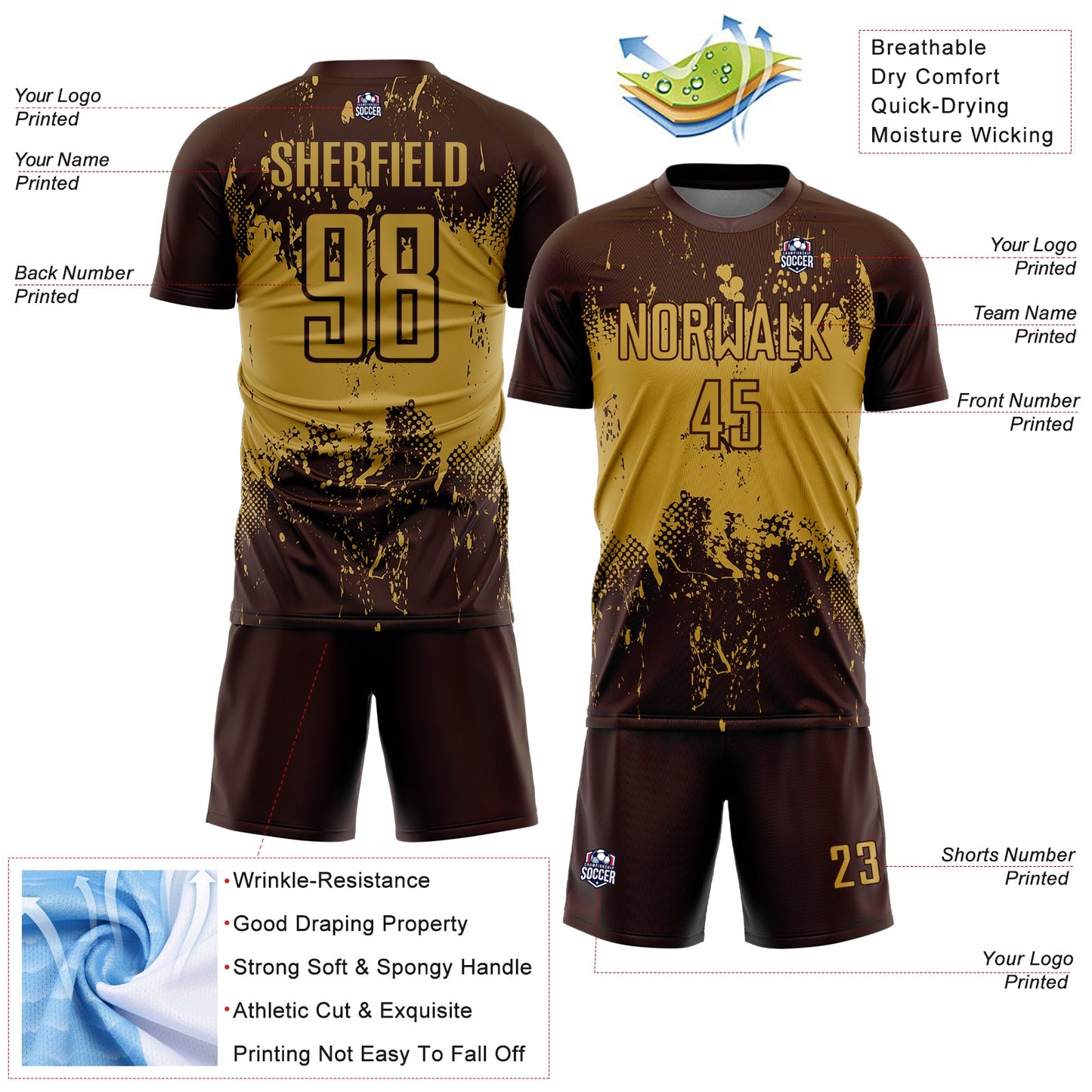 Custom Brown Old Gold Abstract Splatter Grunge Art Sports Sublimation Soccer Uniform Jersey view 4